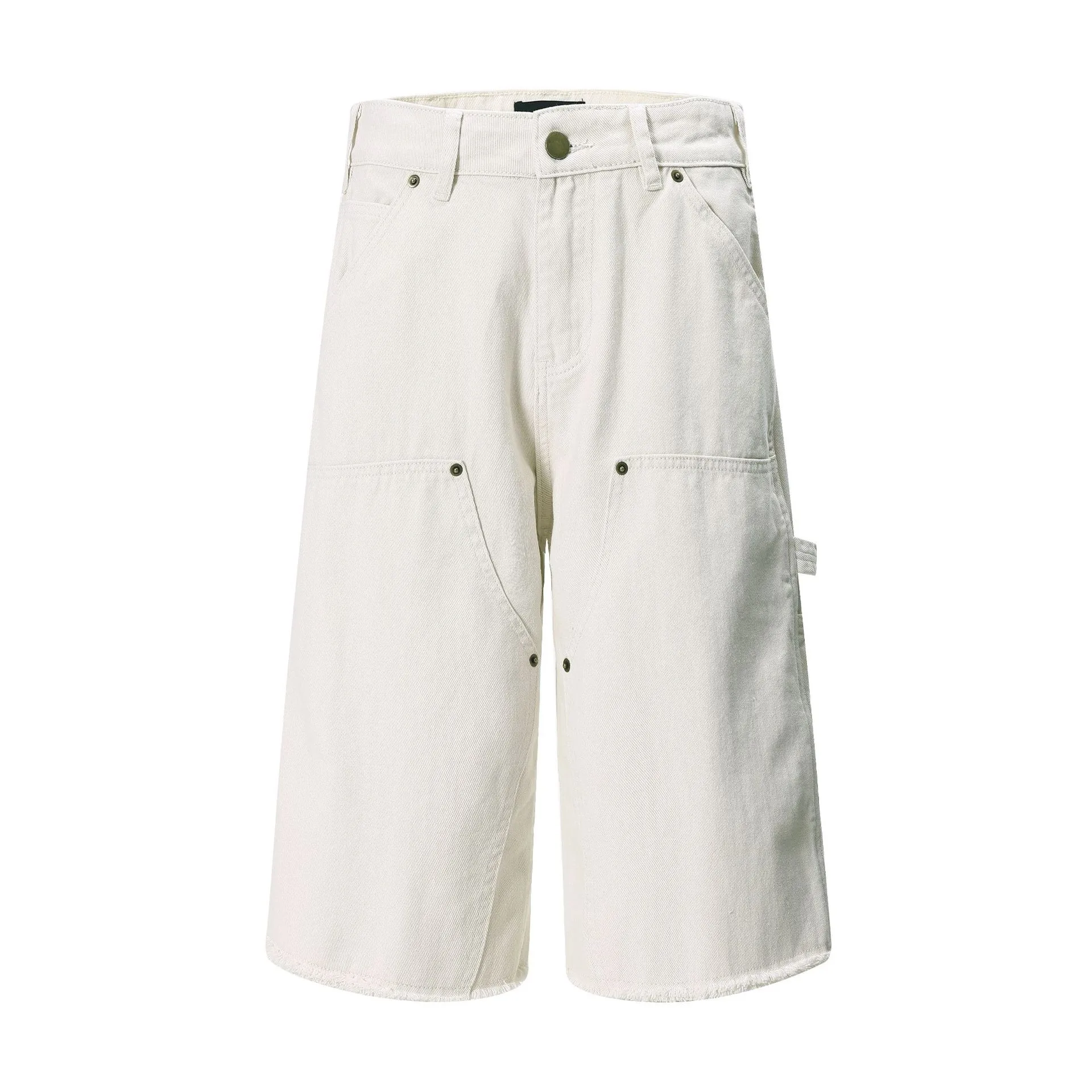 Jiayiku Men's  American Retro Rivet Cutting Wood Fold Denim Shorts Men's Washed Damaged Five-point Pants display picture 3