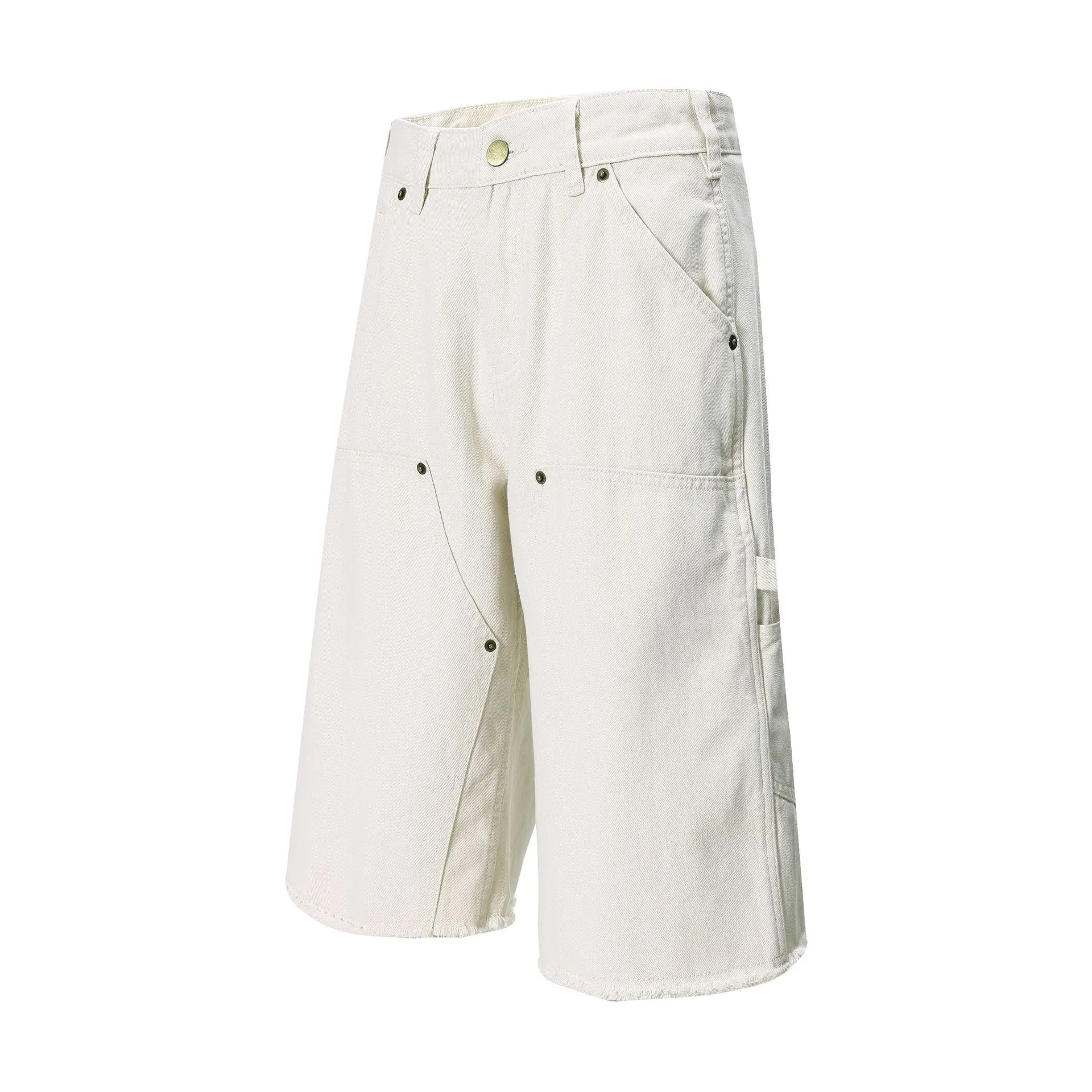 Jiayiku Men's  American Retro Rivet Cutting Wood Fold Denim Shorts Men's Washed Damaged Five-point Pants display picture 4