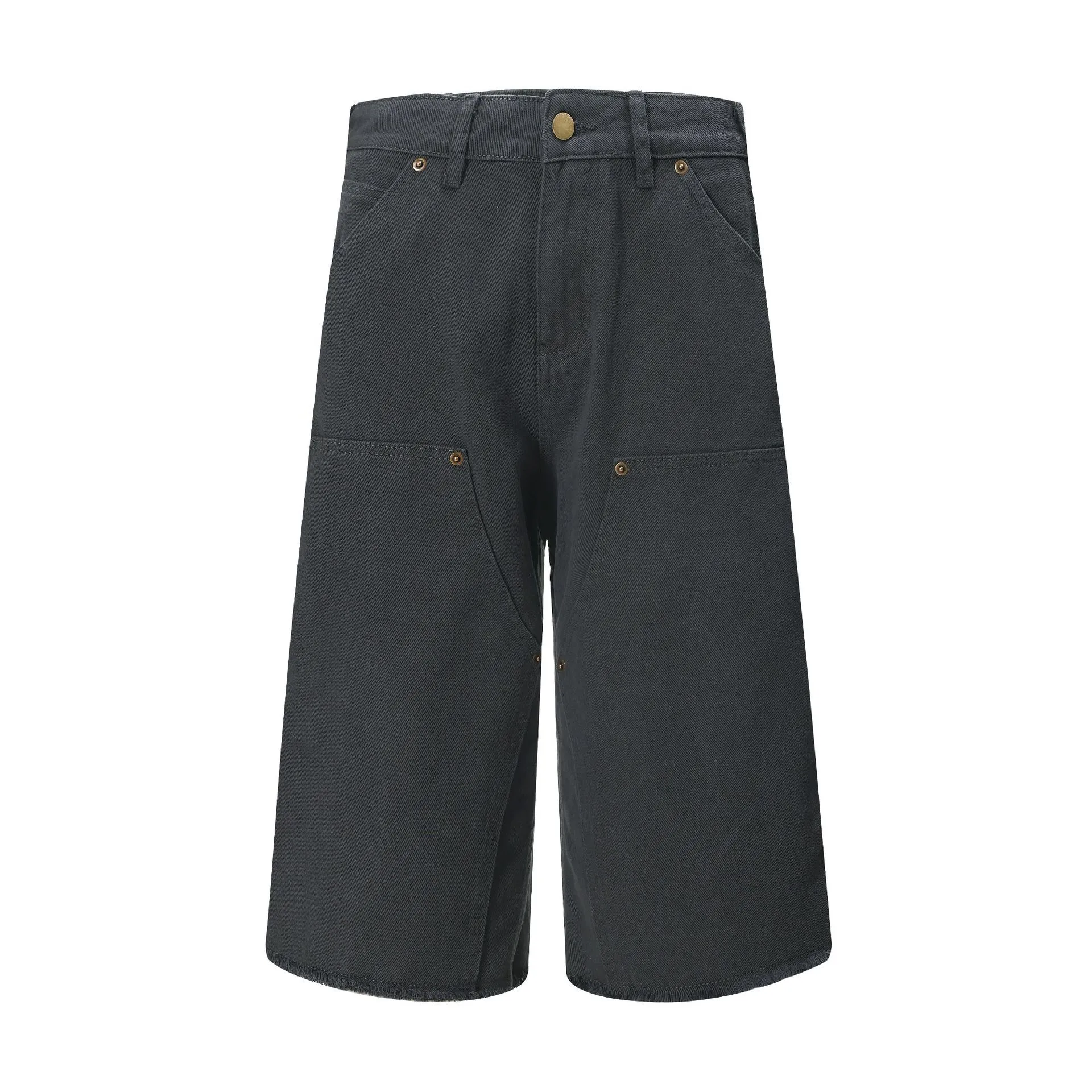 Jiayiku Men's  American Retro Rivet Cutting Wood Fold Denim Shorts Men's Washed Damaged Five-point Pants display picture 6