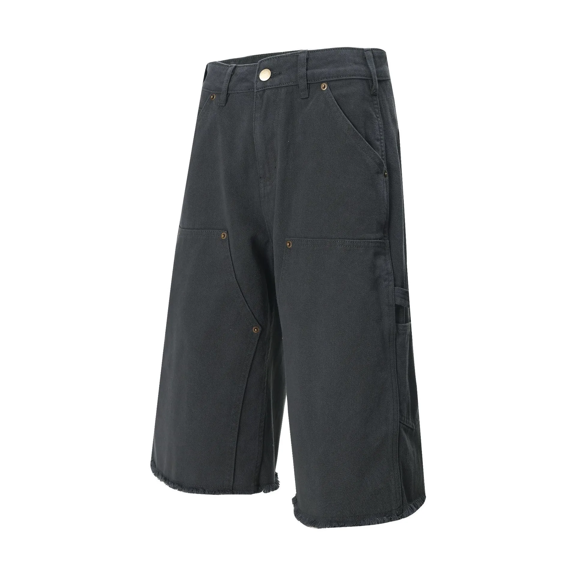Jiayiku Men's  American Retro Rivet Cutting Wood Fold Denim Shorts Men's Washed Damaged Five-point Pants display picture 7