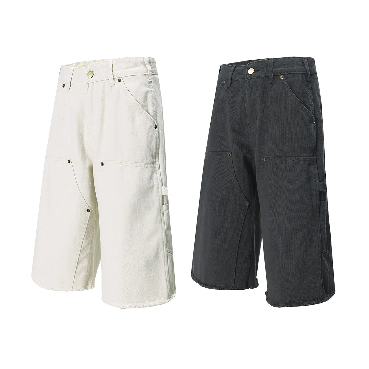 Jiayiku Men's  American Retro Rivet Cutting Wood Fold Denim Shorts Men's Washed Damaged Five-point Pants display picture 9