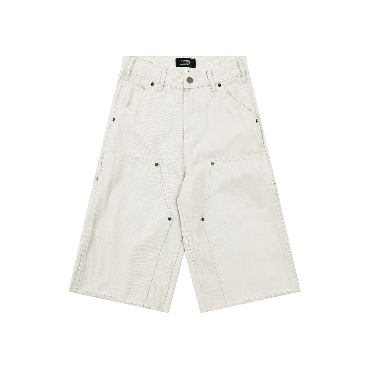 Jiayiku Men's  American Retro Rivet Cutting Wood Fold Denim Shorts Men's Washed Damaged Five-point Pants display picture 12