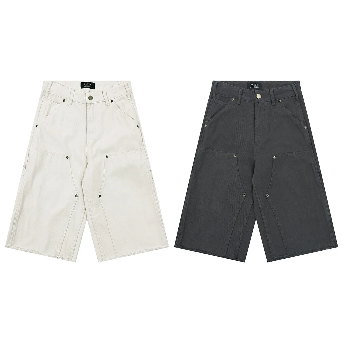 Jiayiku Men's  American Retro Rivet Cutting Wood Fold Denim Shorts Men's Washed Damaged Five-point Pants display picture 14