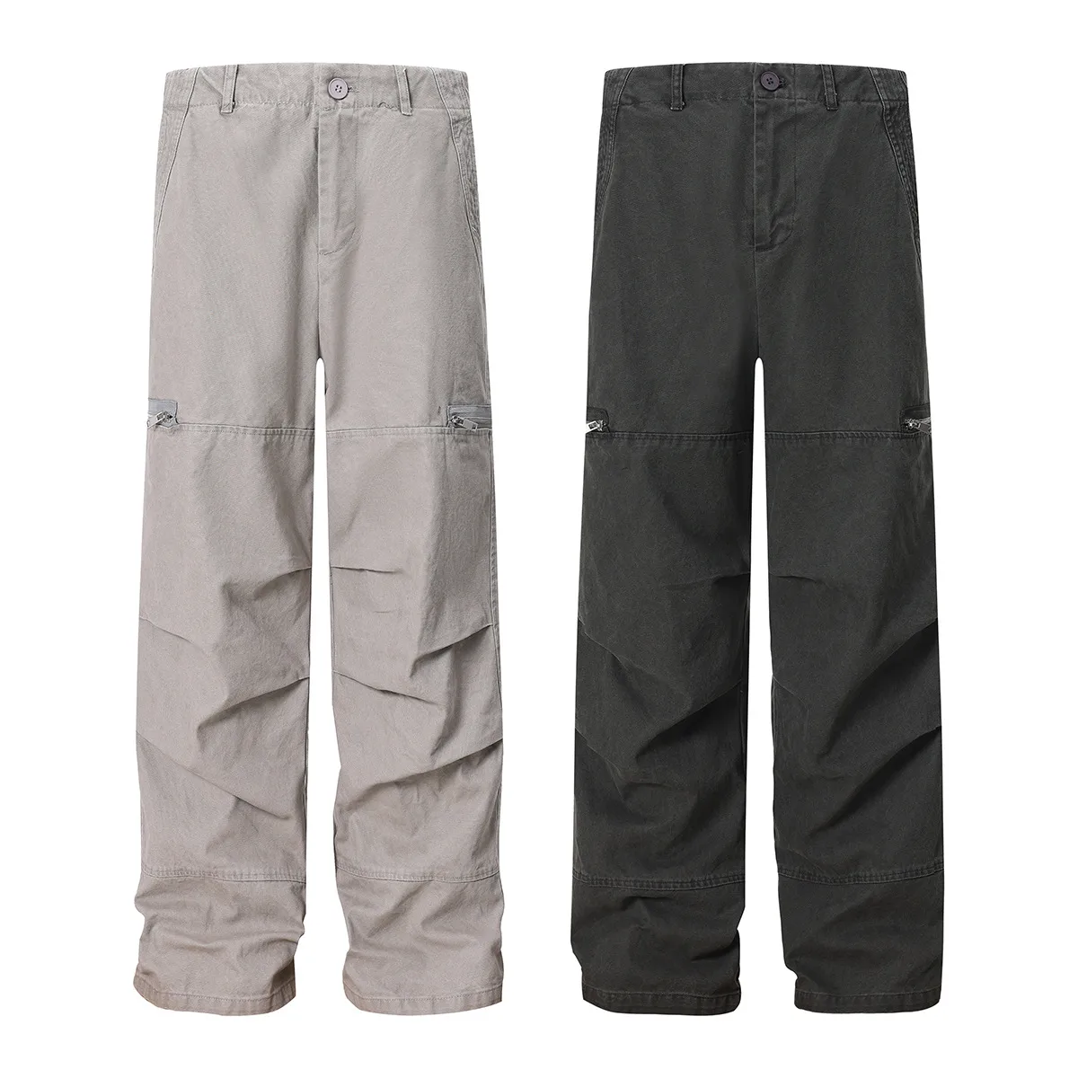 Jiayiku Men's Clothing  American Vintage Washed Antique Pleated Design Crowdwork Pants Straight Casual Trousers For Men And Women display picture 2