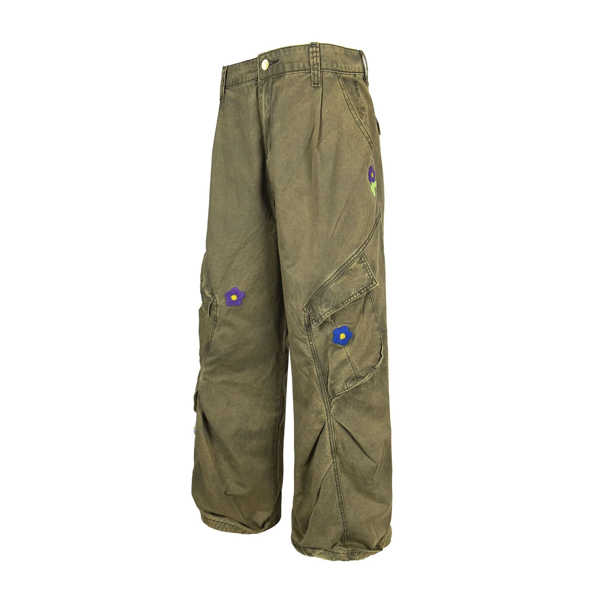 Jiayiku Men's Clothing  High Street American Style Trendy Brand Heavy Washed Flower Embroidered Caught Pants Straight-barrel Wide-leg Pants display picture 4