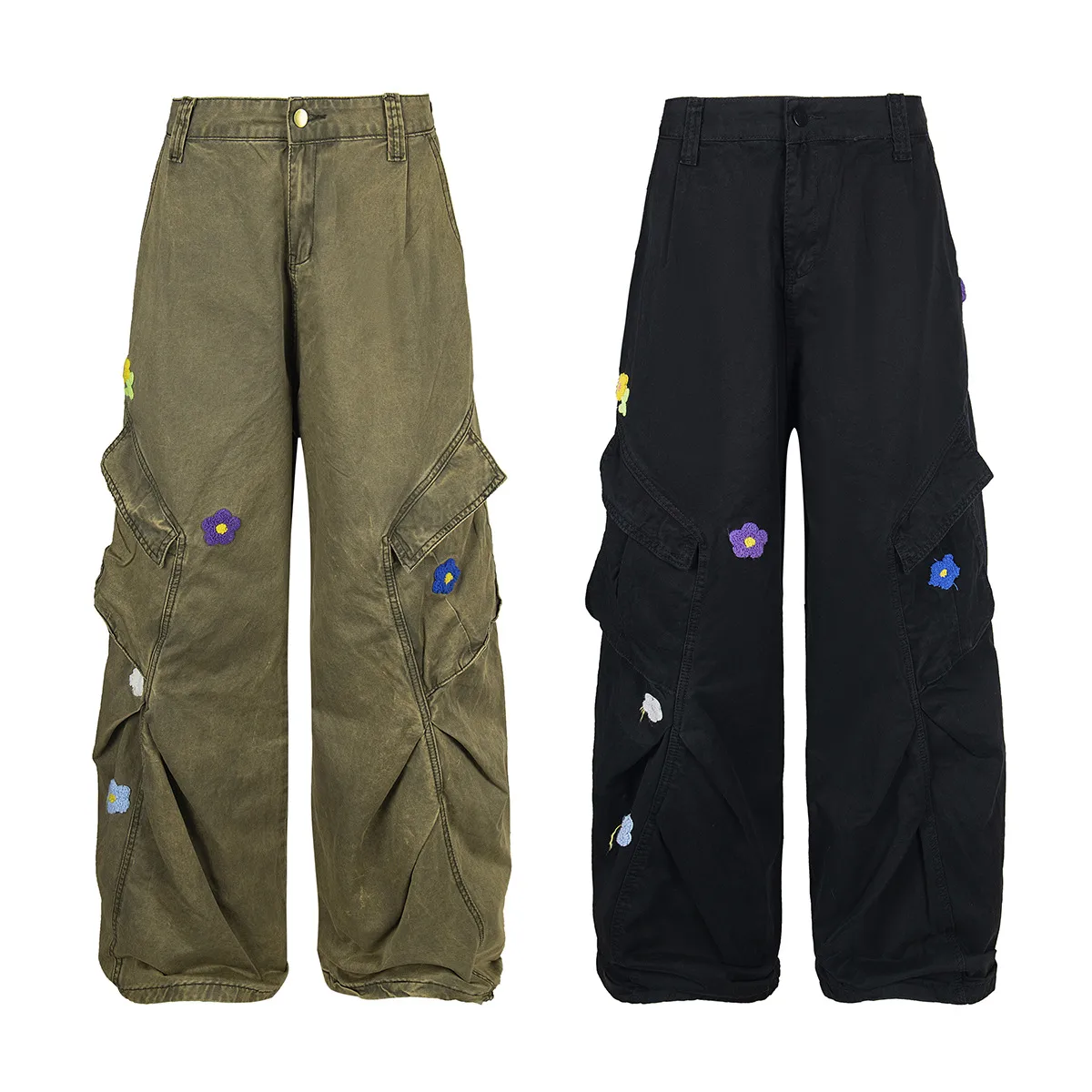 Jiayiku Men's Clothing  High Street American Style Trendy Brand Heavy Washed Flower Embroidered Caught Pants Straight-barrel Wide-leg Pants display picture 2