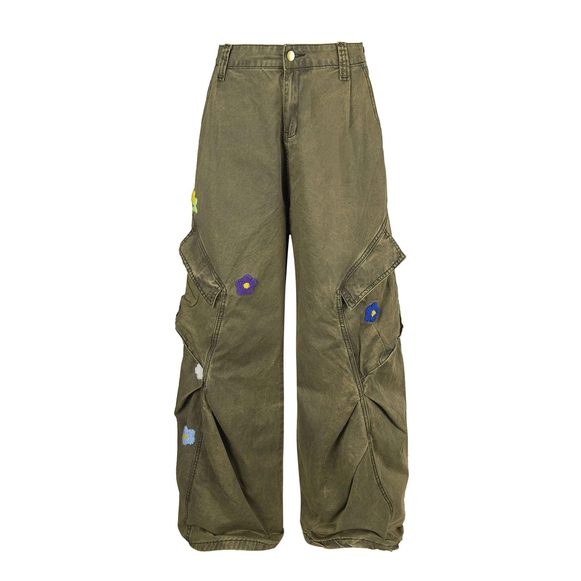 Jiayiku Men's Clothing  High Street American Style Trendy Brand Heavy Washed Flower Embroidered Caught Pants Straight-barrel Wide-leg Pants display picture 3