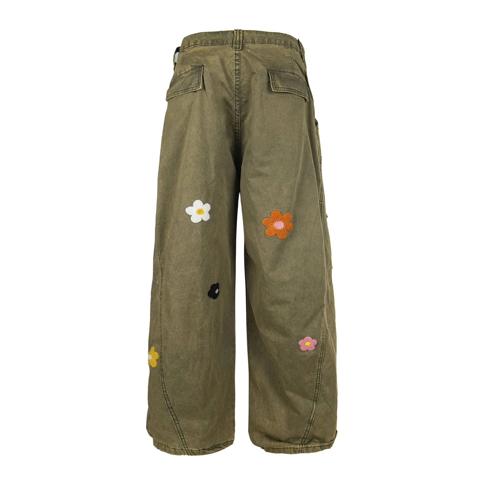 Jiayiku Men's Clothing  High Street American Style Trendy Brand Heavy Washed Flower Embroidered Caught Pants Straight-barrel Wide-leg Pants display picture 5