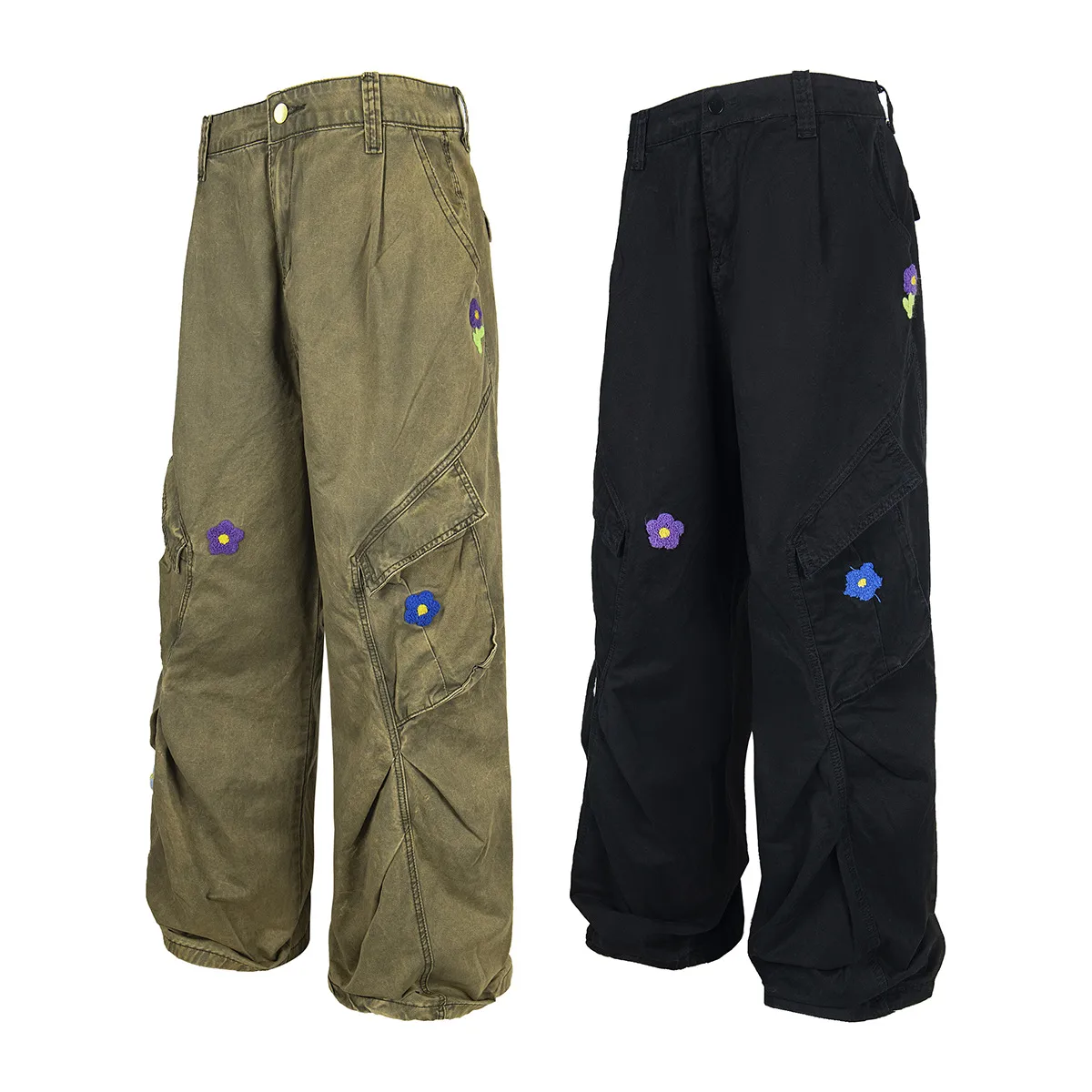 Jiayiku Men's Clothing  High Street American Style Trendy Brand Heavy Washed Flower Embroidered Caught Pants Straight-barrel Wide-leg Pants display picture 9