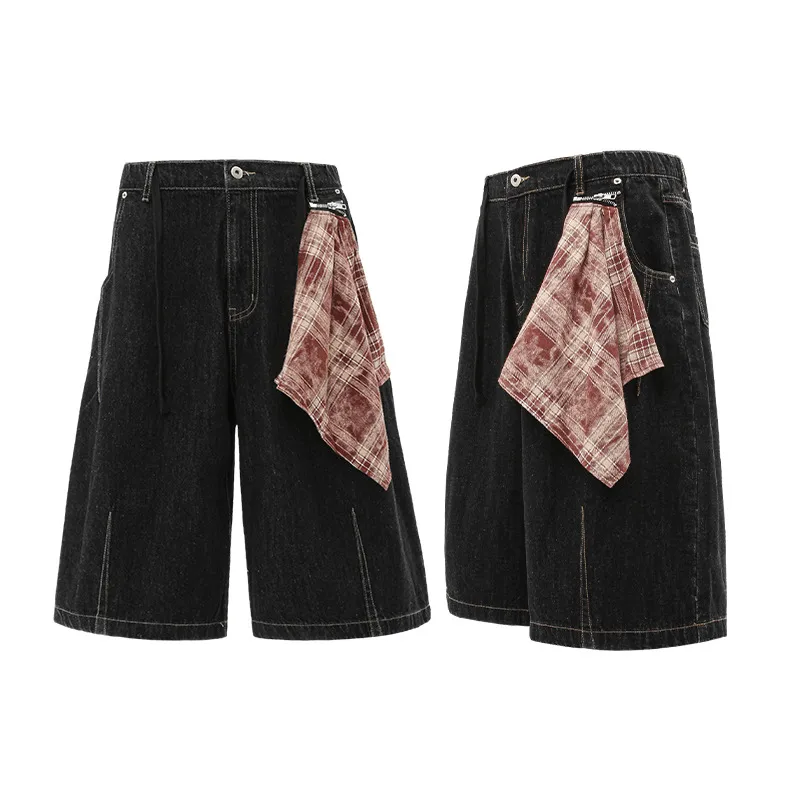 Jiayiku Men's  Summer American Retro Hip-hop Hip-hop Washed Denim Shorts Tassel Wide-leg Pants display picture 2