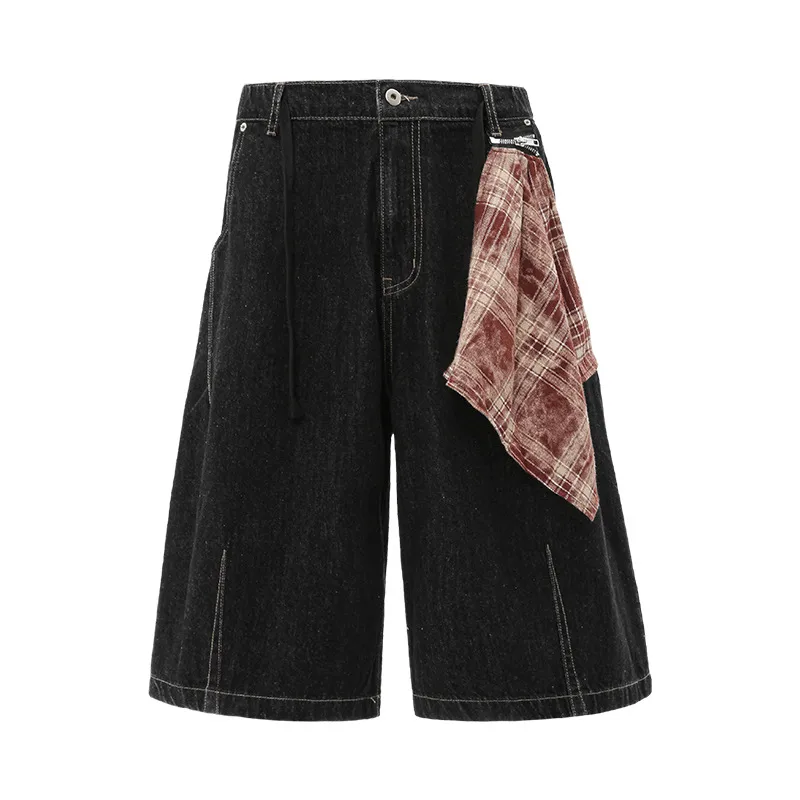 Jiayiku Men's  Summer American Retro Hip-hop Hip-hop Washed Denim Shorts Tassel Wide-leg Pants display picture 3