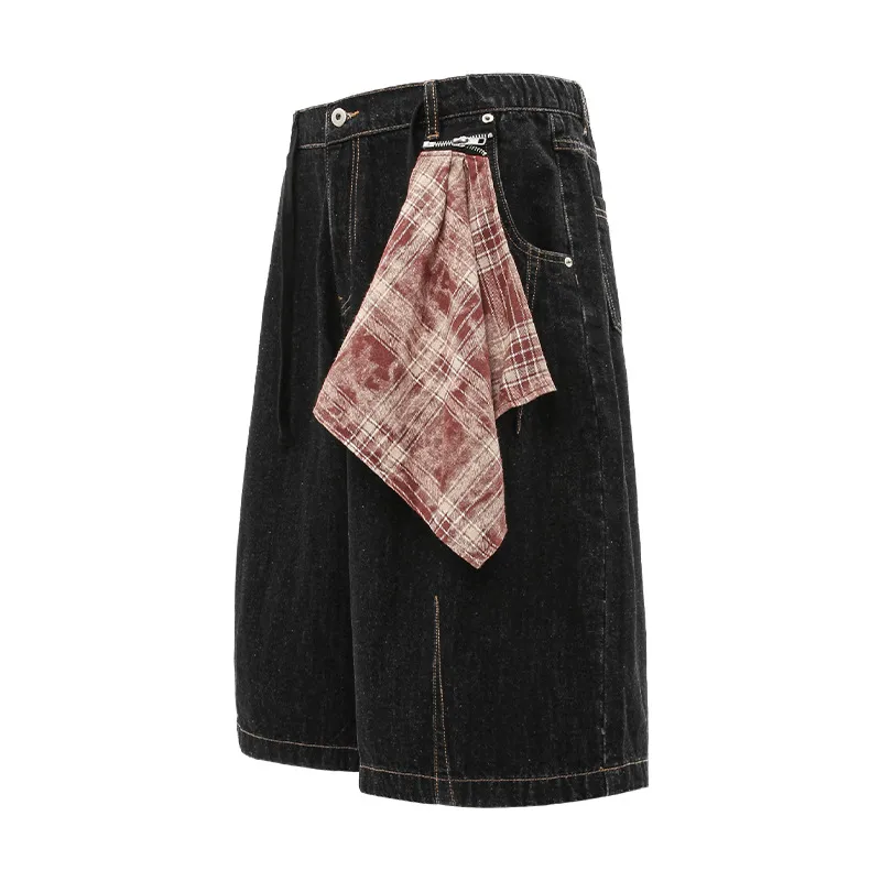 Jiayiku Men's  Summer American Retro Hip-hop Hip-hop Washed Denim Shorts Tassel Wide-leg Pants display picture 4