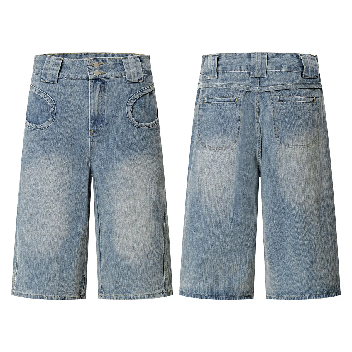 Jiayiku Men's  Summer New American Style Retro Washed Denim Shorts Distinctive Pocket Wide Leg Pants display picture 1