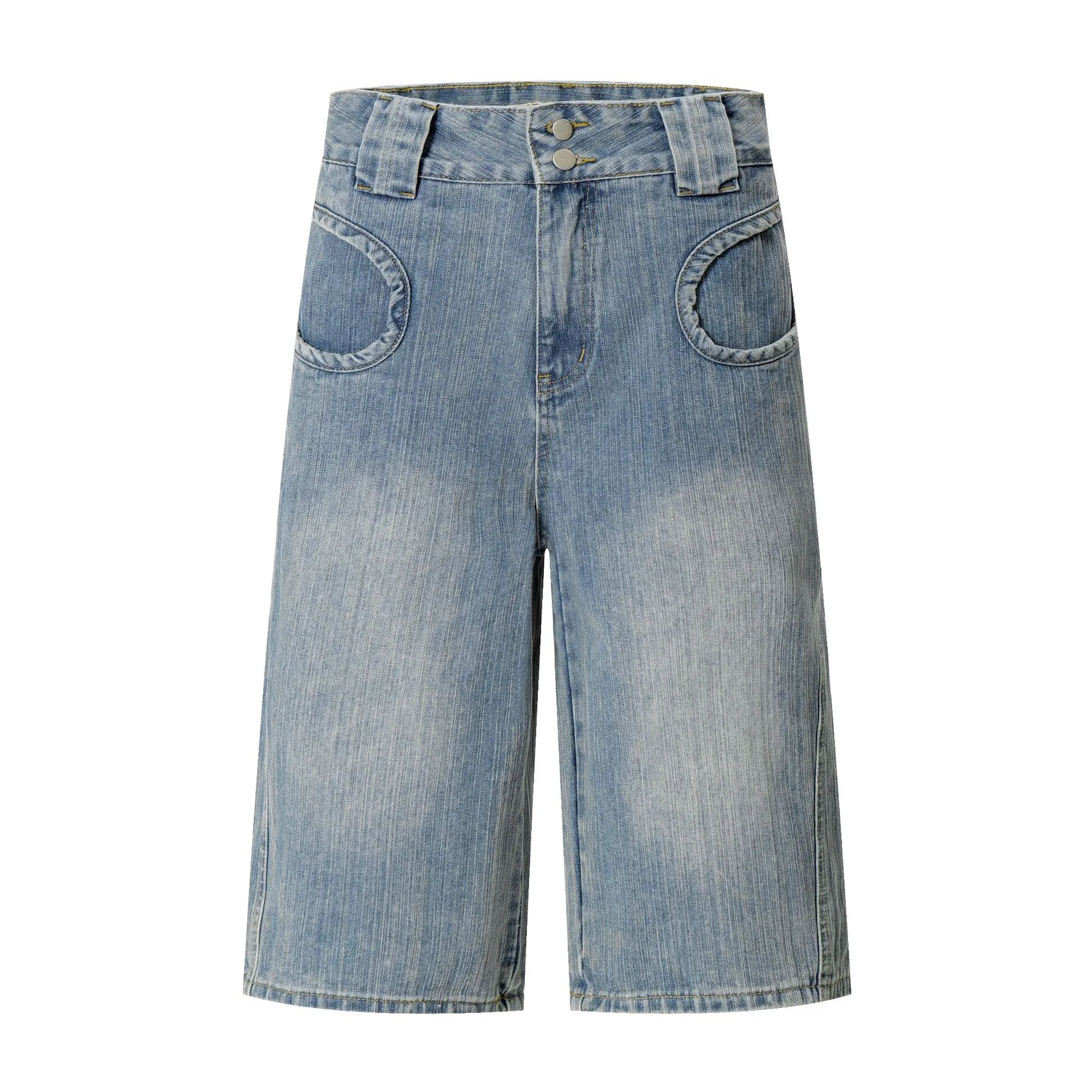 Jiayiku Men's  Summer New American Style Retro Washed Denim Shorts Distinctive Pocket Wide Leg Pants display picture 3