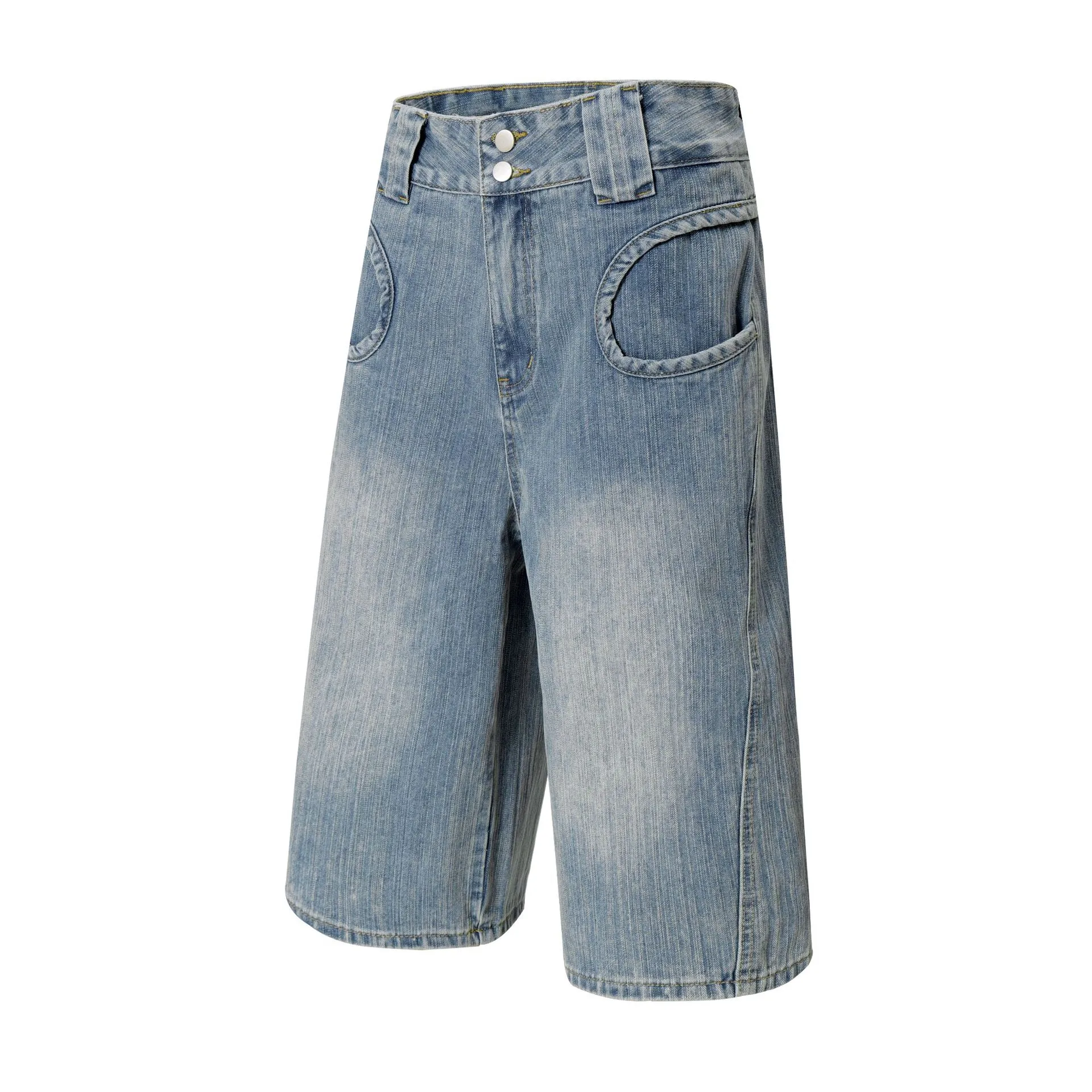 Jiayiku Men's  Summer New American Style Retro Washed Denim Shorts Distinctive Pocket Wide Leg Pants display picture 4