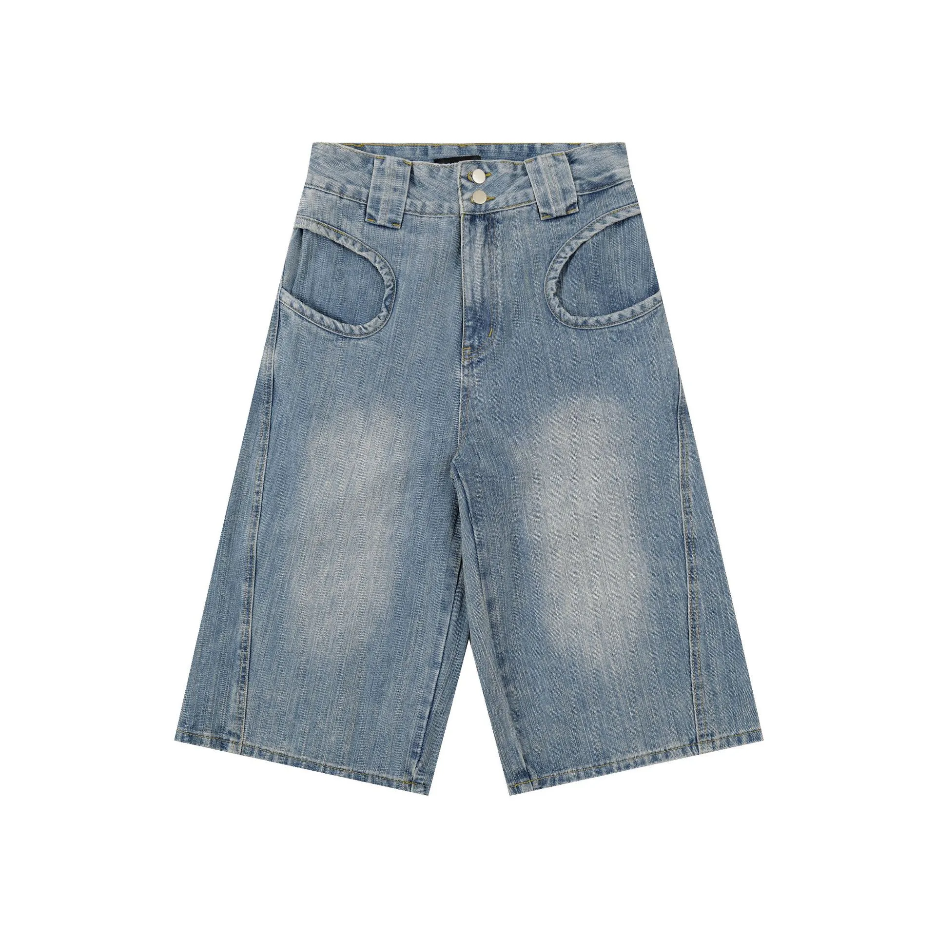 Jiayiku Men's  Summer New American Style Retro Washed Denim Shorts Distinctive Pocket Wide Leg Pants display picture 6