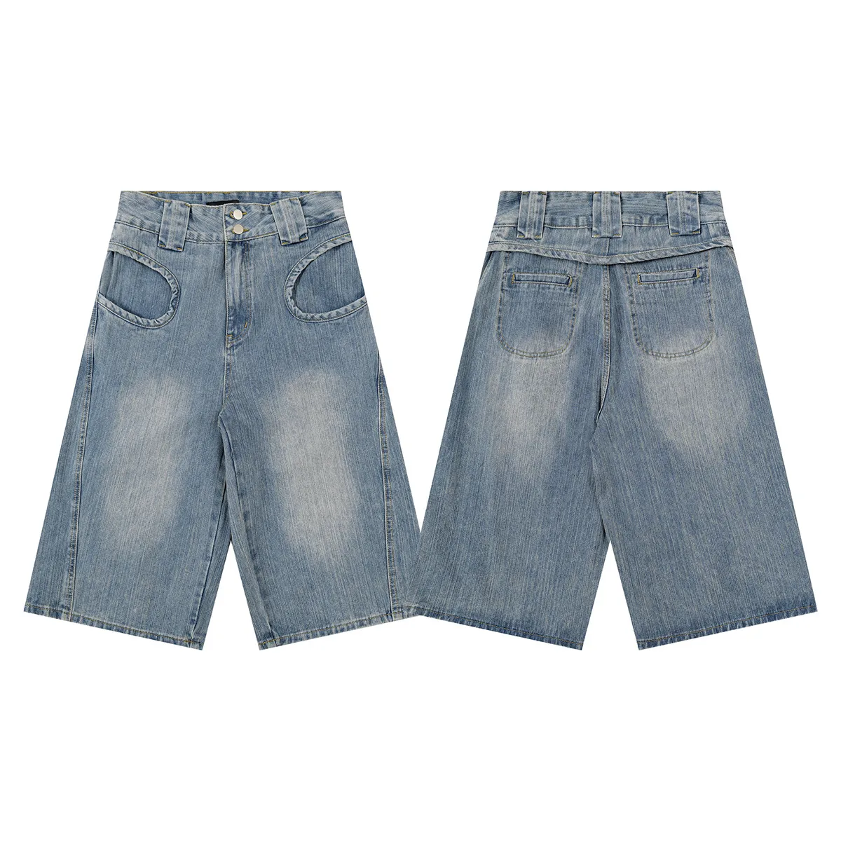Jiayiku Men's  Summer New American Style Retro Washed Denim Shorts Distinctive Pocket Wide Leg Pants display picture 8