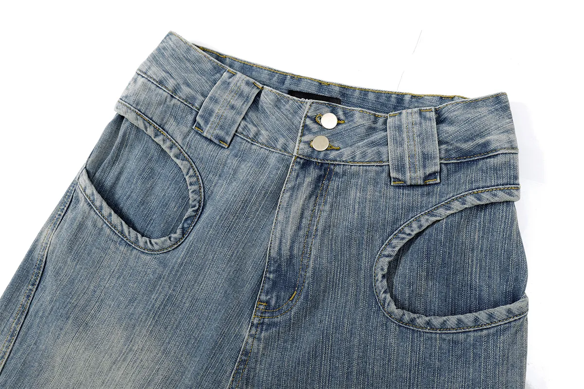 Jiayiku Men's  Summer New American Style Retro Washed Denim Shorts Distinctive Pocket Wide Leg Pants display picture 9