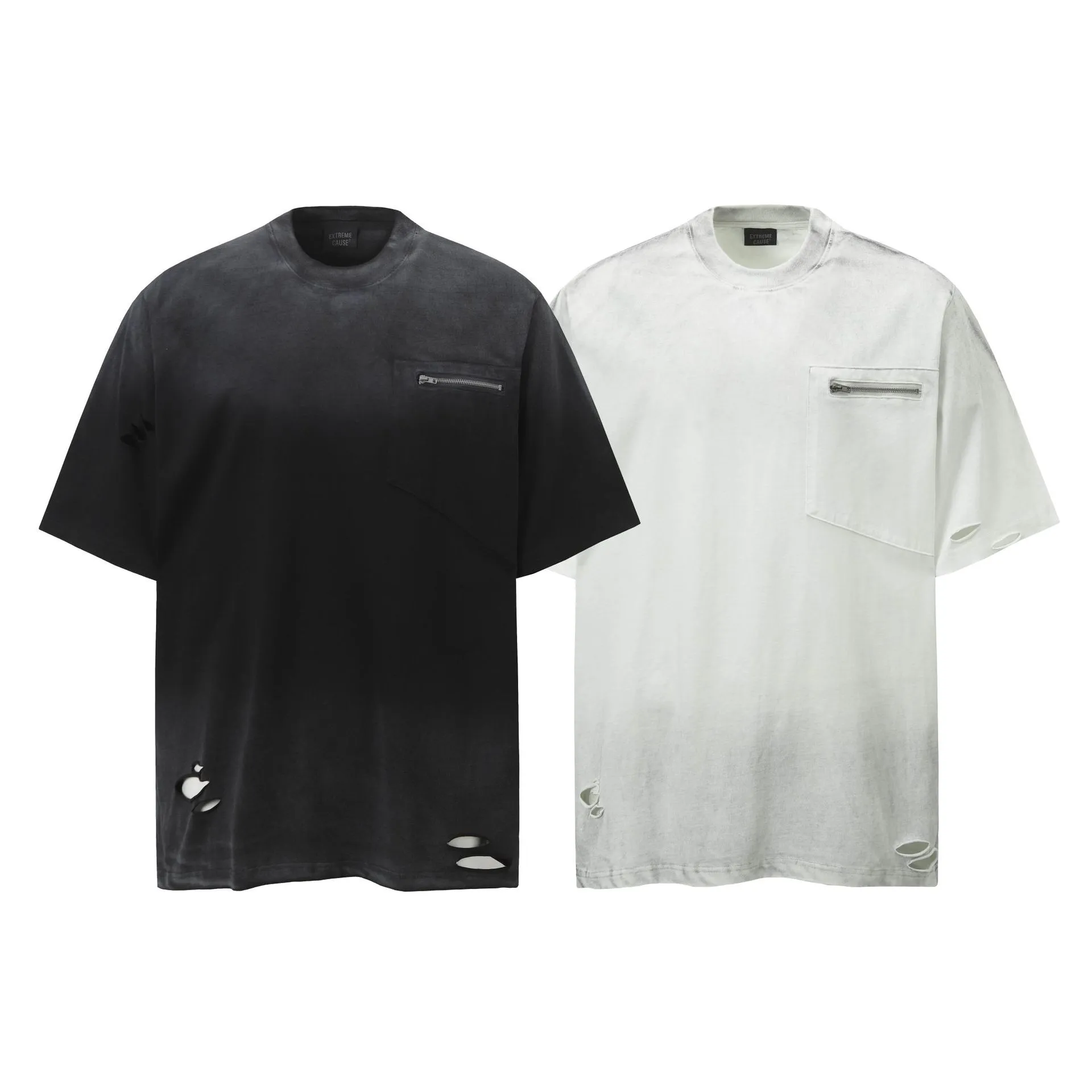 Jiayiku Men's  Summer American Retro Trendy Brand Washed Tee Dirty Dye Old Cut Hole Short-sleeved T-shirt For Men display picture 2