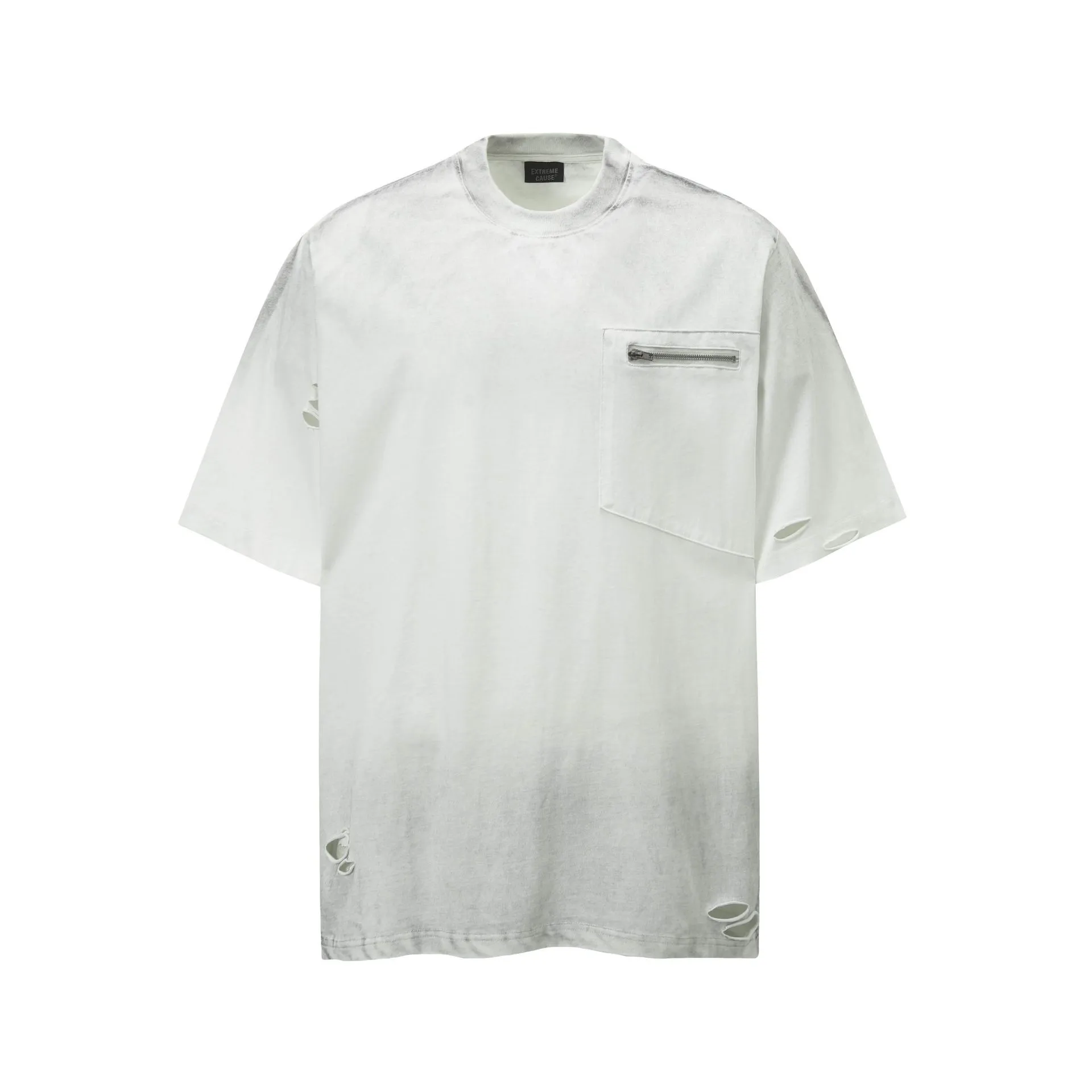 Jiayiku Men's  Summer American Retro Trendy Brand Washed Tee Dirty Dye Old Cut Hole Short-sleeved T-shirt For Men display picture 3