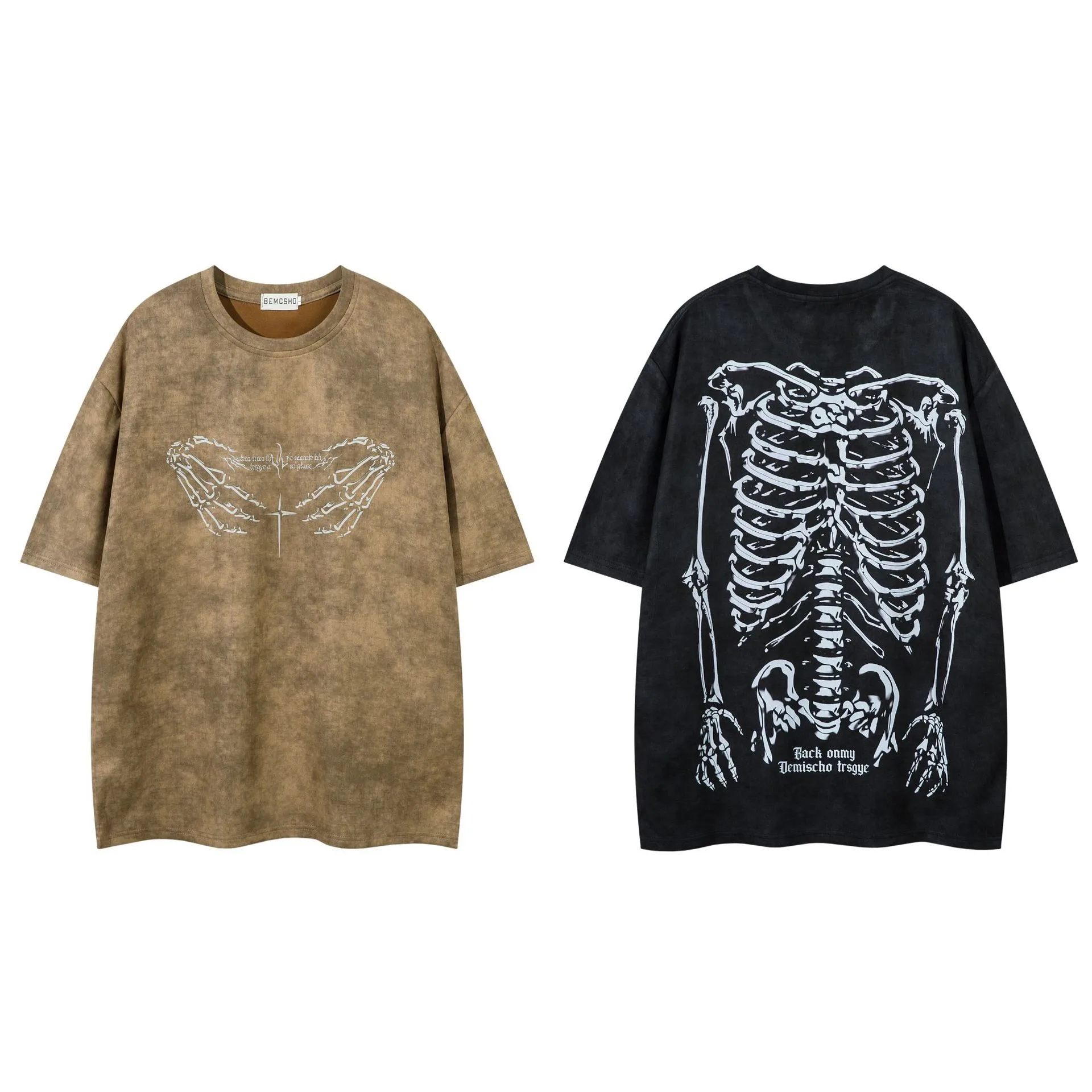 Jiayiku Men's  American Street Dark Tide Brand Tee Skull Skeleton Printed Suede Short-sleeved T-shirt For Men display picture 2