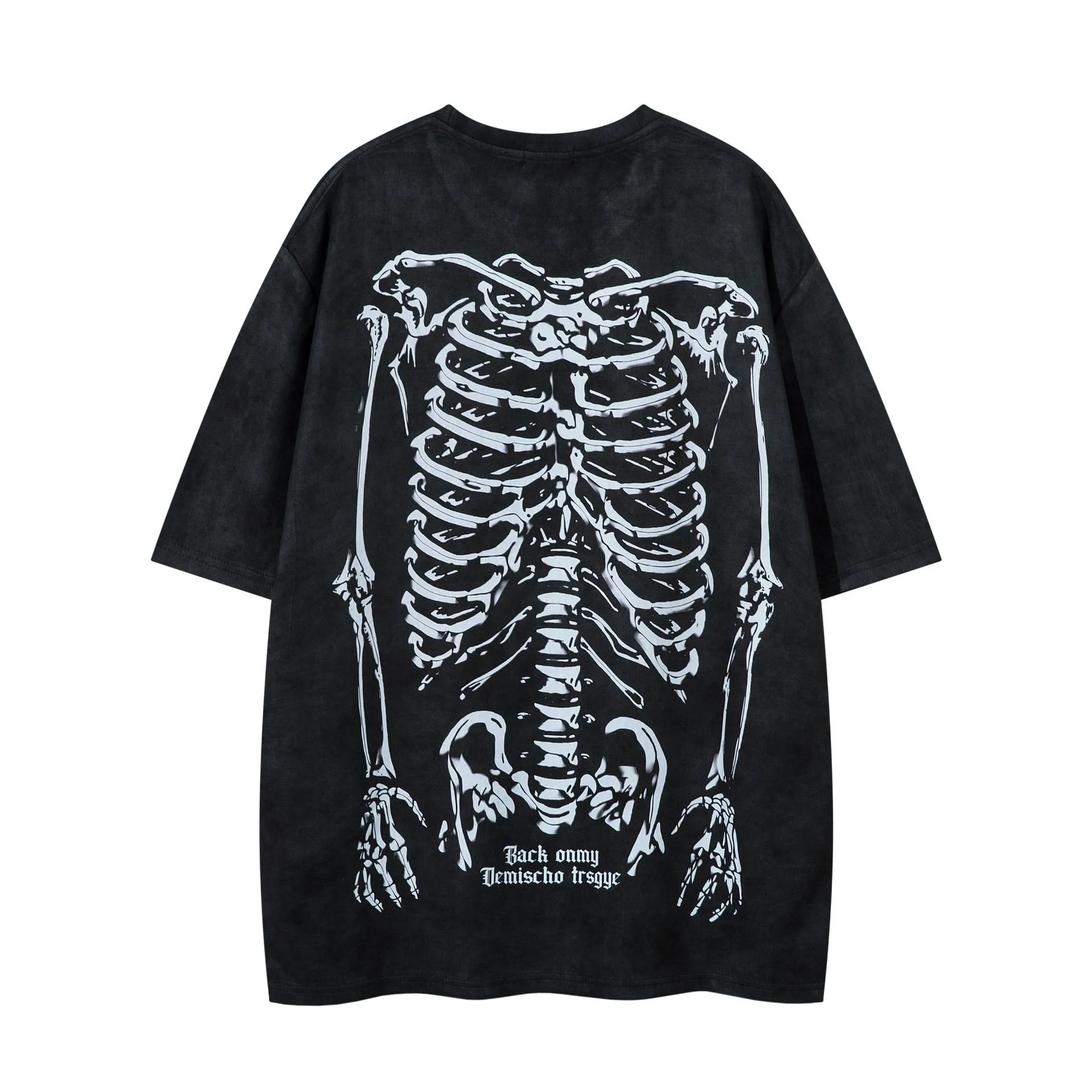 Jiayiku Men's  American Street Dark Tide Brand Tee Skull Skeleton Printed Suede Short-sleeved T-shirt For Men display picture 4