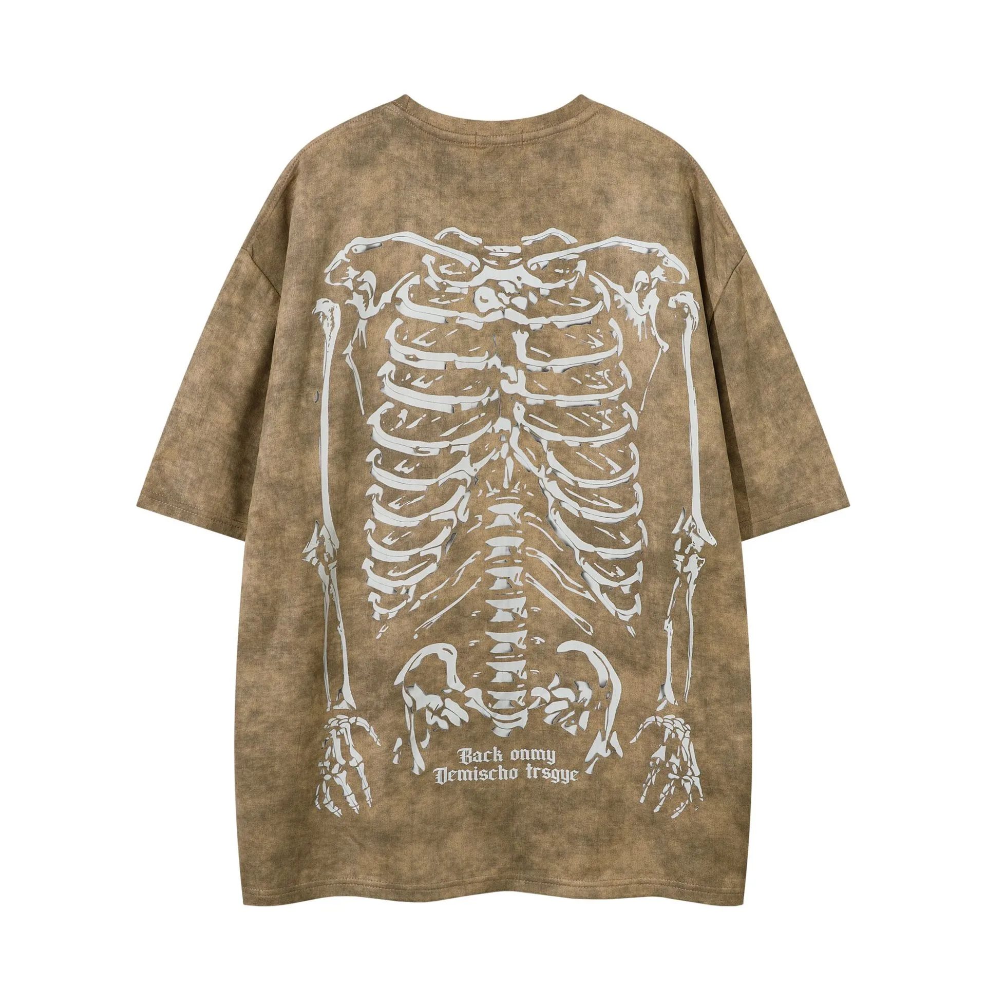 Jiayiku Men's  American Street Dark Tide Brand Tee Skull Skeleton Printed Suede Short-sleeved T-shirt For Men display picture 6