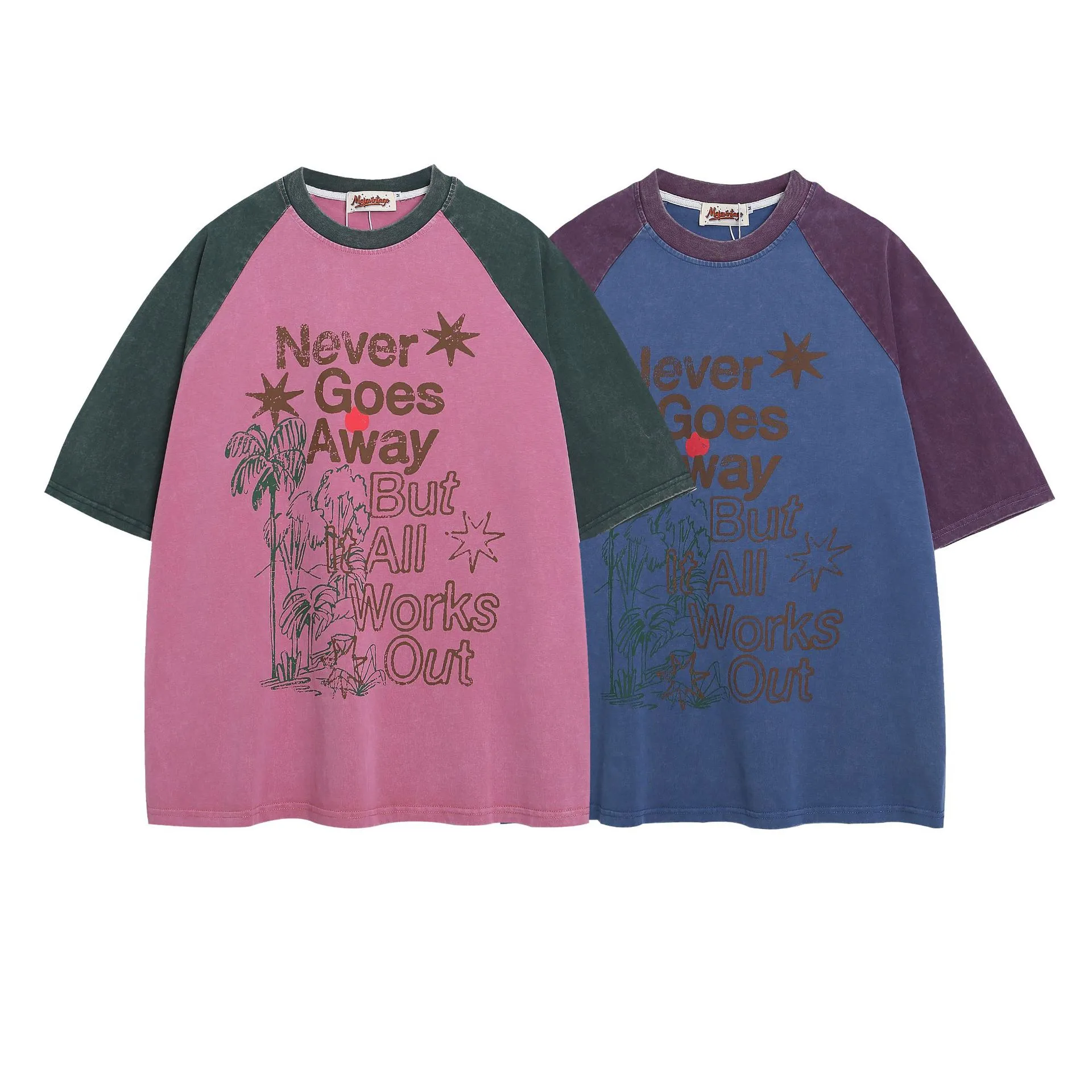 Jiayiku Men's  Summer American Retro Fashion Brand Couple Tee Washed Old Cotton T-shirt Short-sleeved Color-matching display picture 2