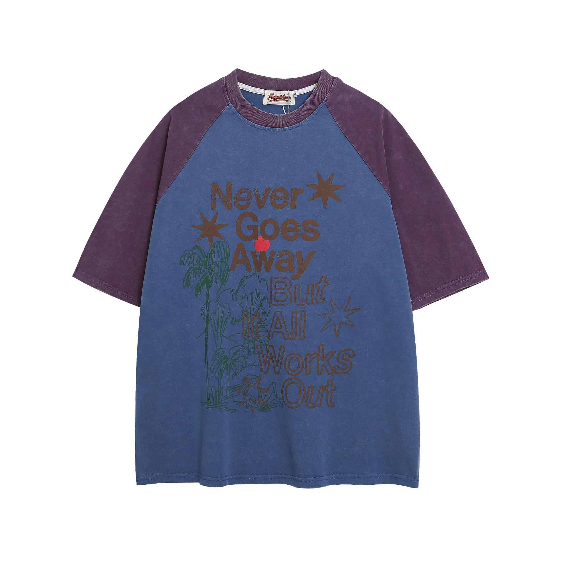 Jiayiku Men's  Summer American Retro Fashion Brand Couple Tee Washed Old Cotton T-shirt Short-sleeved Color-matching display picture 5