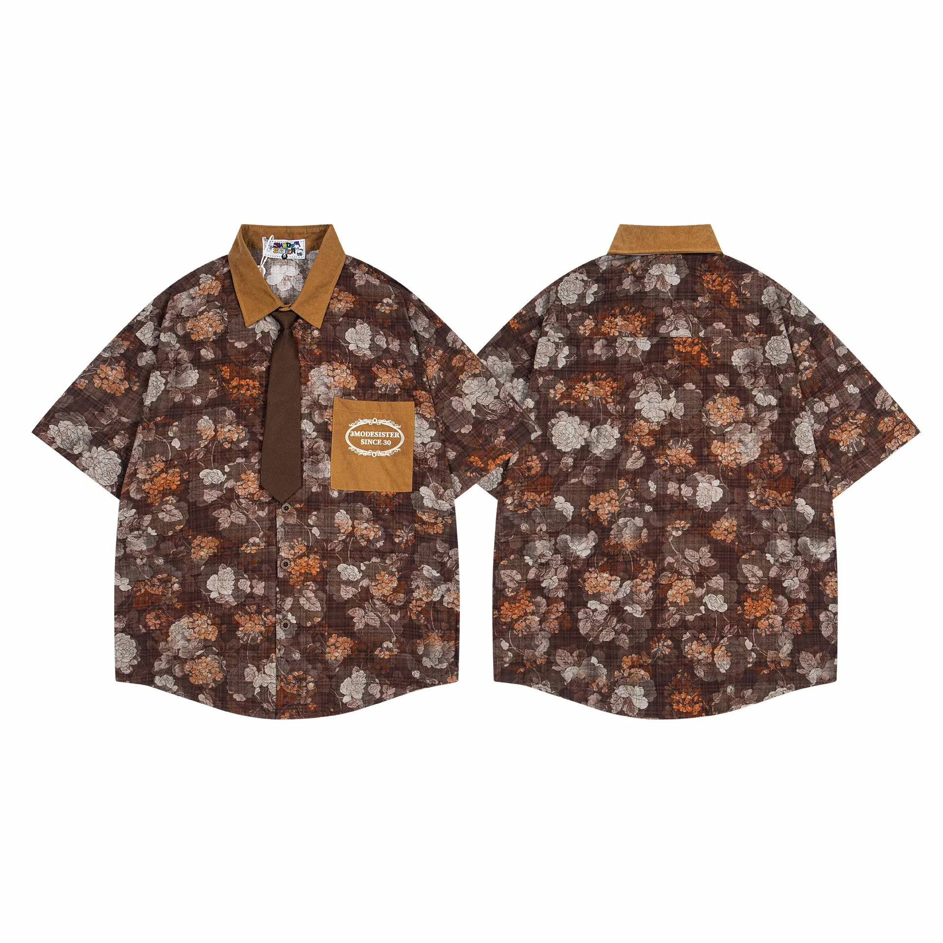 Jiayiku Men's  Summer American Middle Ancient Hong Kong Style Fashion Brand Small Floral Duffian Shirt With Short Sleeve Collar For Men And Women display picture 2