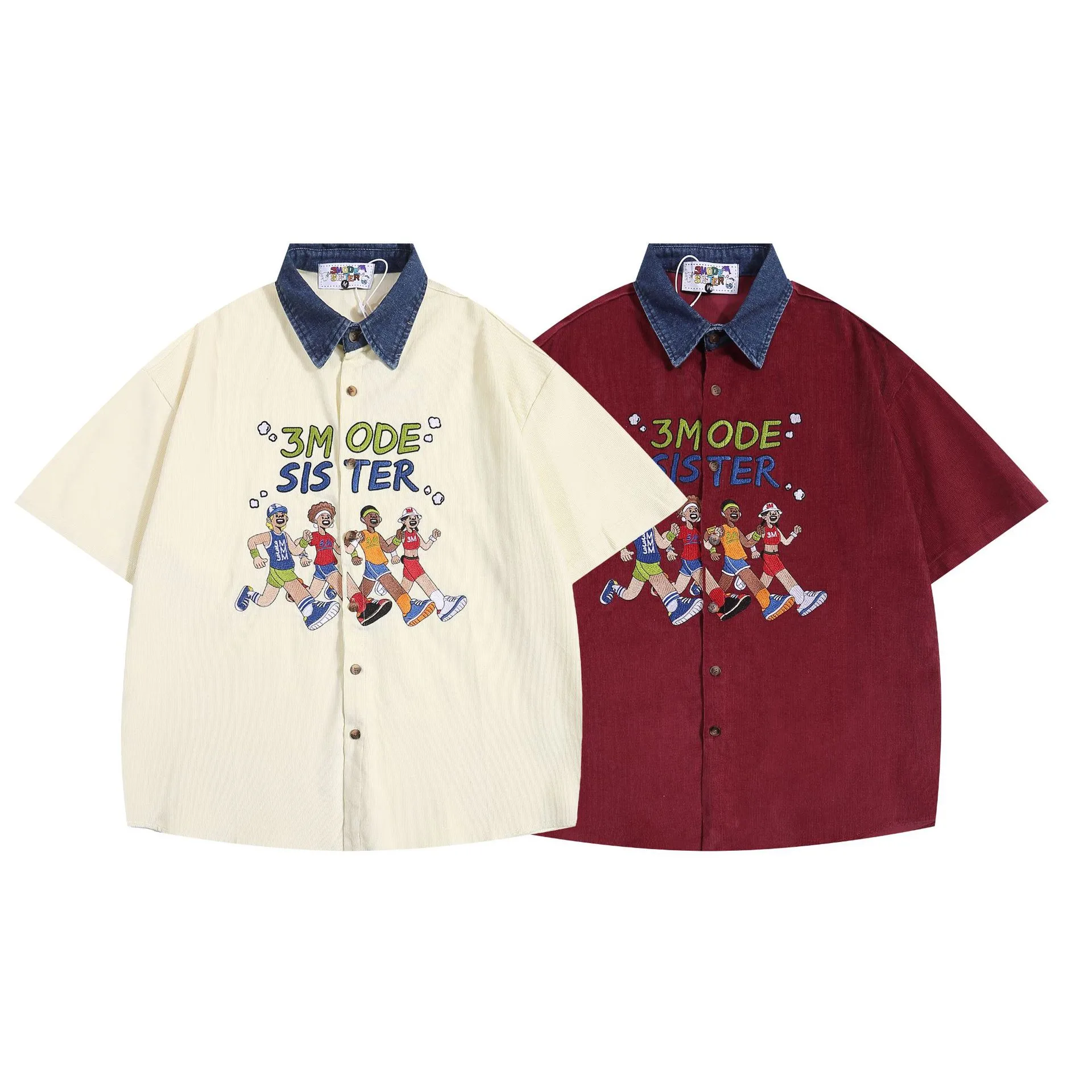Jiayiku Men's  Summer American Style Antique Ins Trendy Cartoon Character Embroidered Corduroy Shirt Short Sleeve display picture 2
