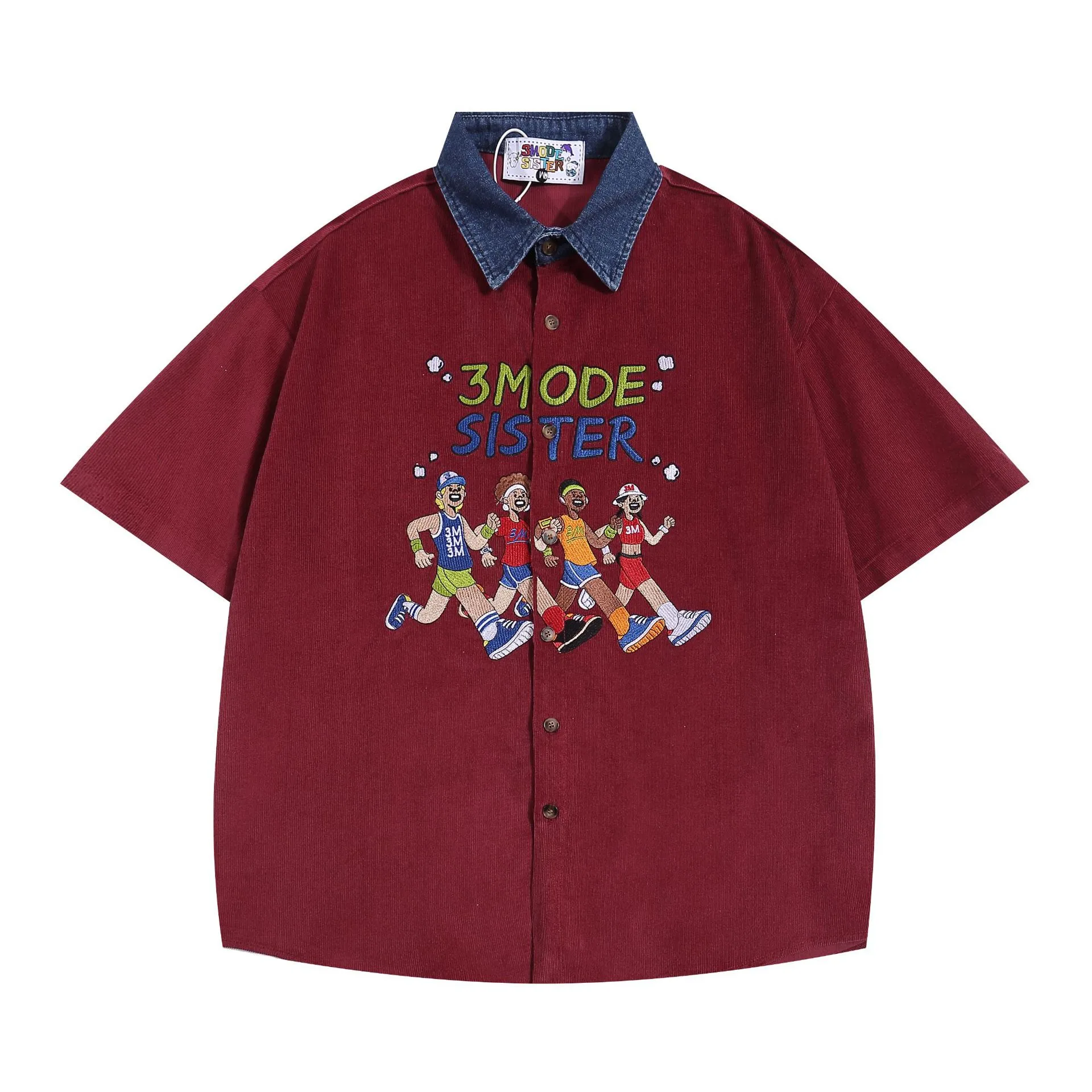 Jiayiku Men's  Summer American Style Antique Ins Trendy Cartoon Character Embroidered Corduroy Shirt Short Sleeve display picture 5