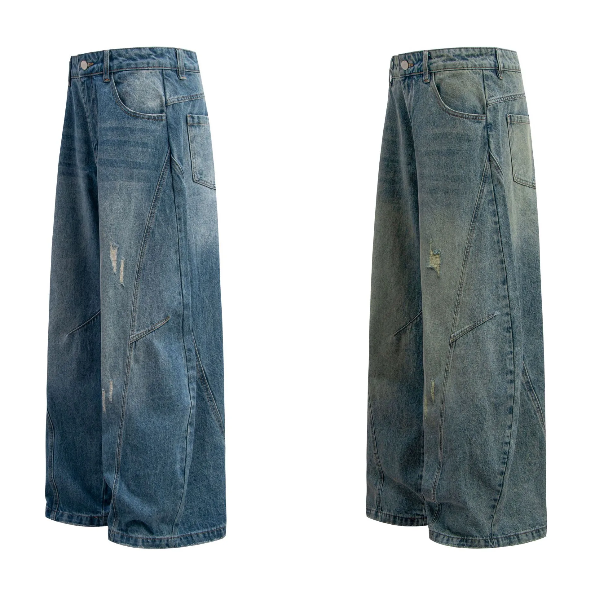 Jiayi Library Men's Clothing  American High Street Retro Ripped Washed Jeans Men's And Women's Vibe Machete Wide Leg Pants display picture 12
