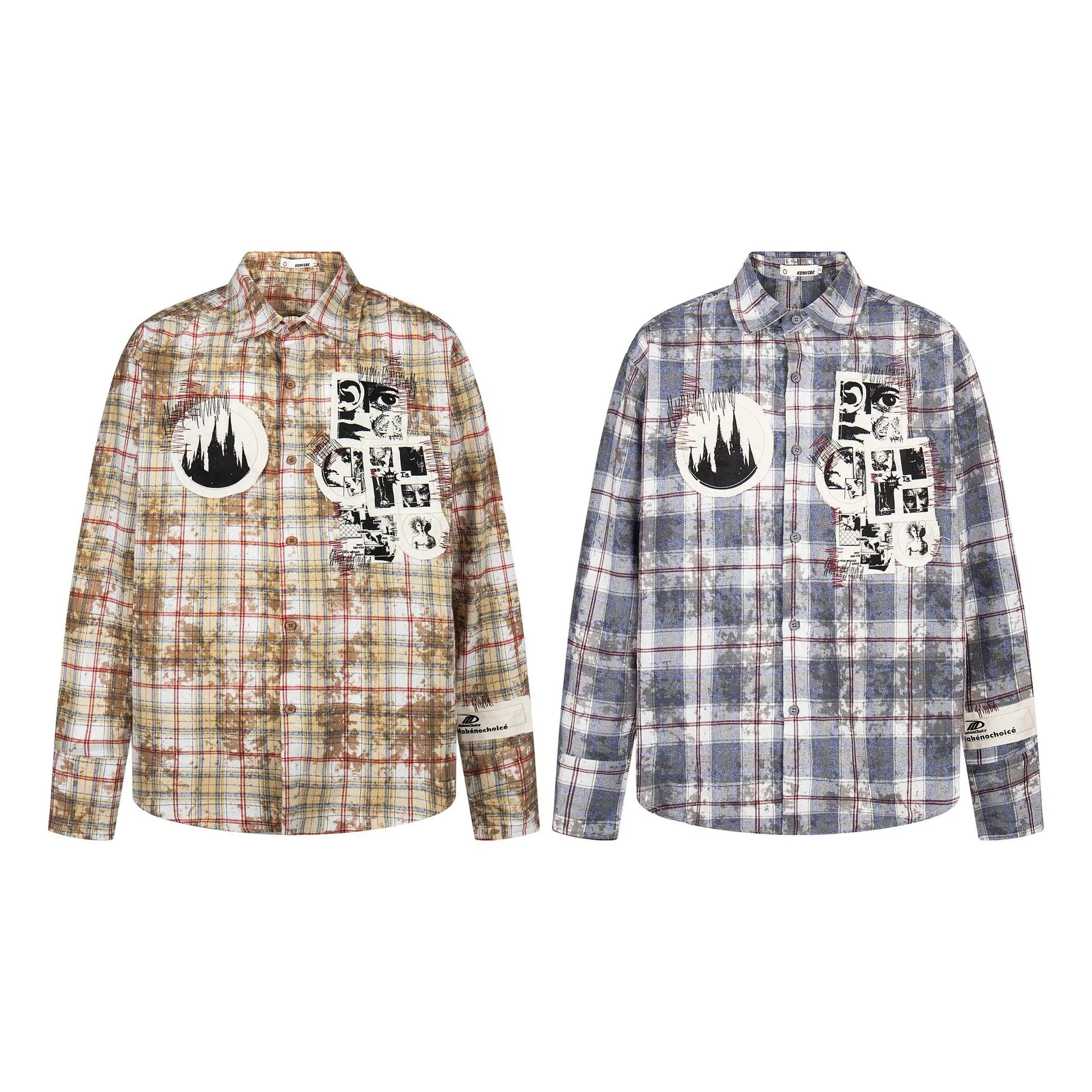 Jiayiku Men's  Spring American Retro Cleanfit Paid Embroidered Plaid Shirt Antique Style Shirt display picture 2