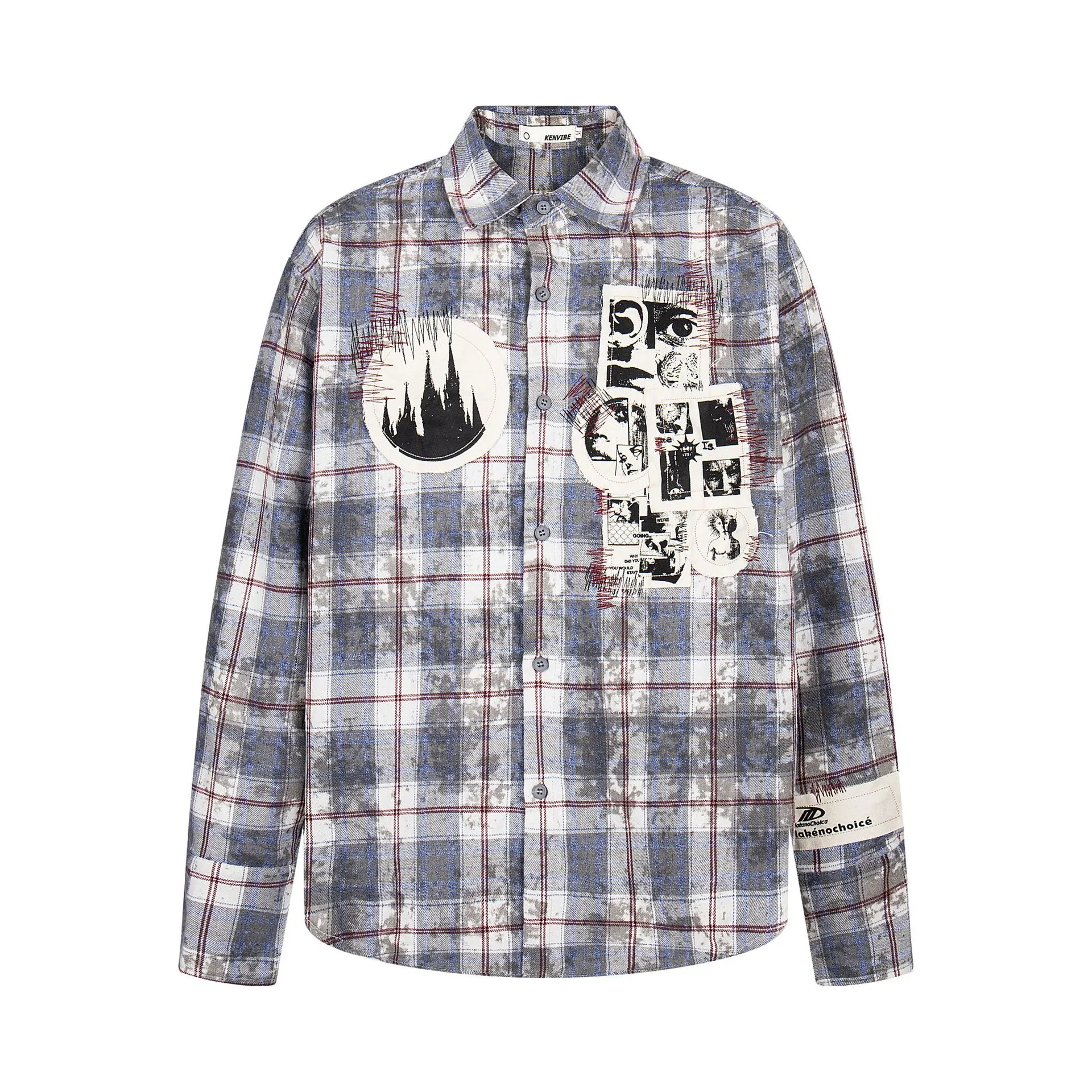 Jiayiku Men's  Spring American Retro Cleanfit Paid Embroidered Plaid Shirt Antique Style Shirt display picture 3