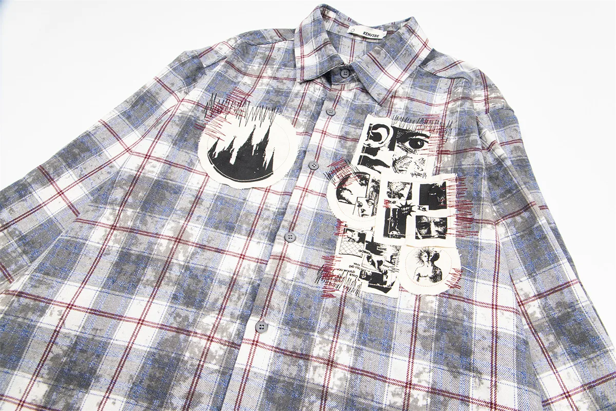 Jiayiku Men's  Spring American Retro Cleanfit Paid Embroidered Plaid Shirt Antique Style Shirt display picture 9