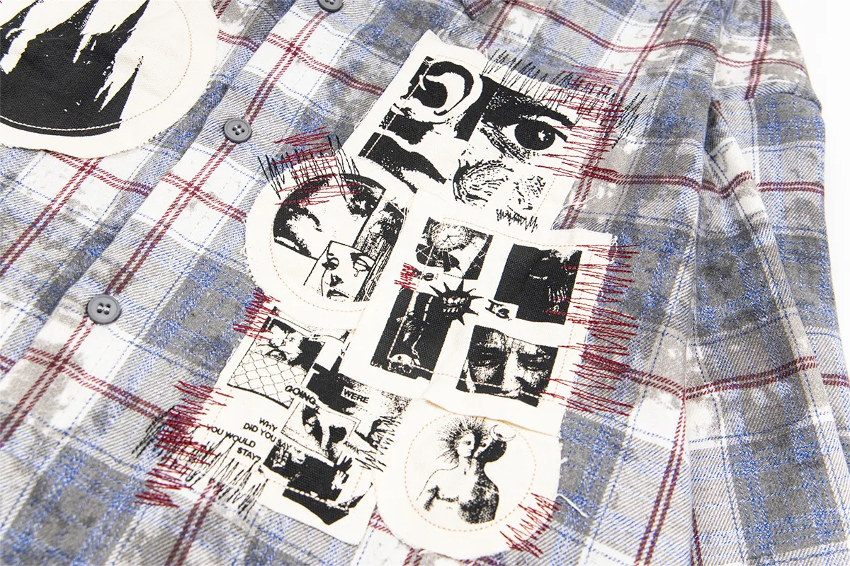 Jiayiku Men's  Spring American Retro Cleanfit Paid Embroidered Plaid Shirt Antique Style Shirt display picture 10