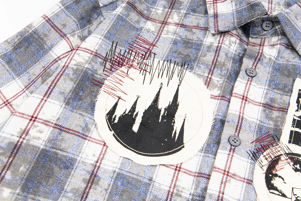 Jiayiku Men's  Spring American Retro Cleanfit Paid Embroidered Plaid Shirt Antique Style Shirt display picture 11