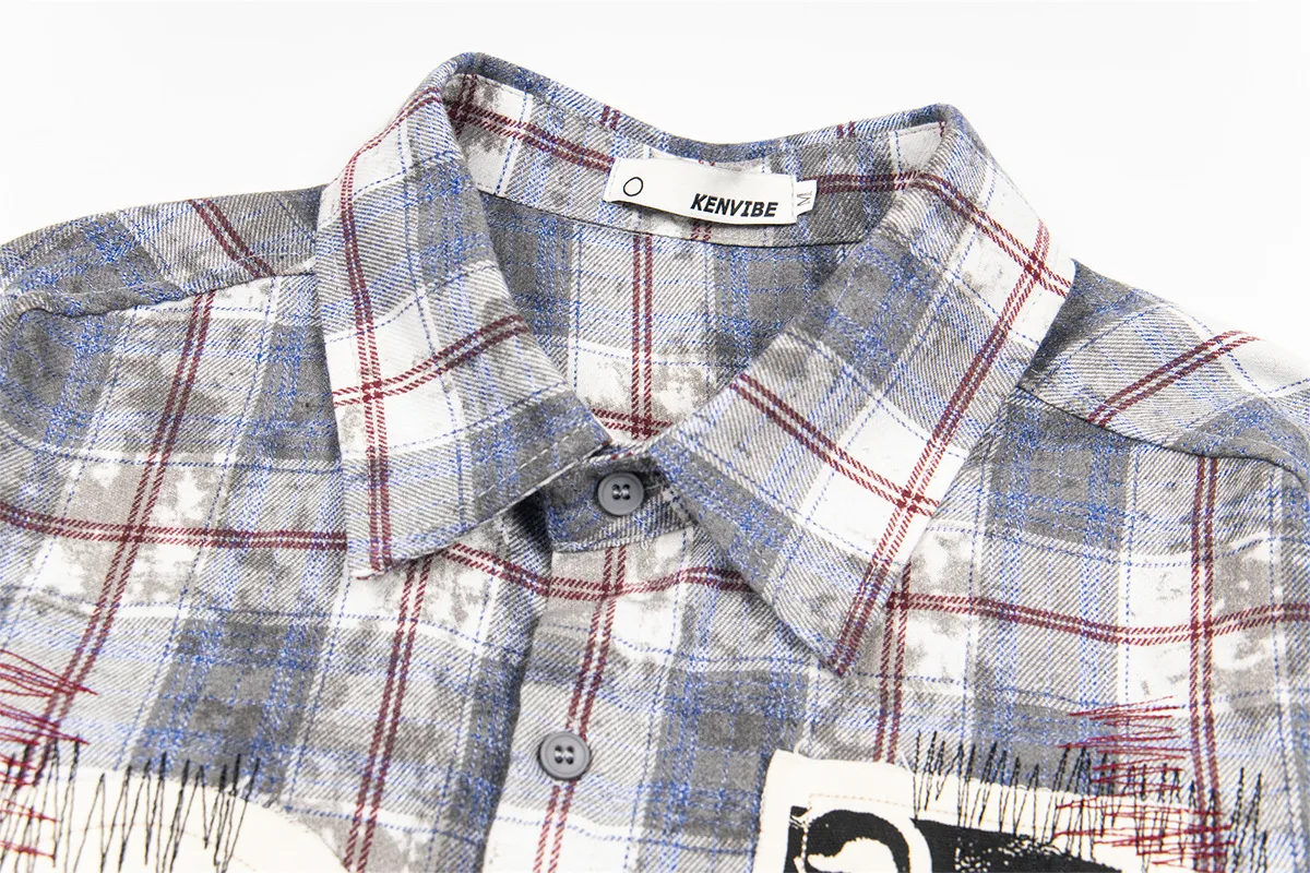 Jiayiku Men's  Spring American Retro Cleanfit Paid Embroidered Plaid Shirt Antique Style Shirt display picture 12