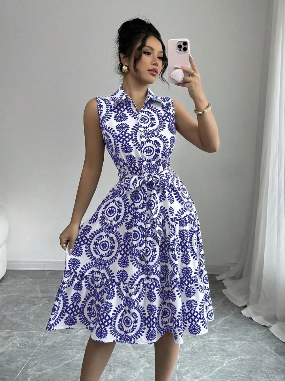 Wholesale Women's Elegant Streetwear Printing Casual Holiday Daily Turndown Sleeveless Sheath Dress display picture 14