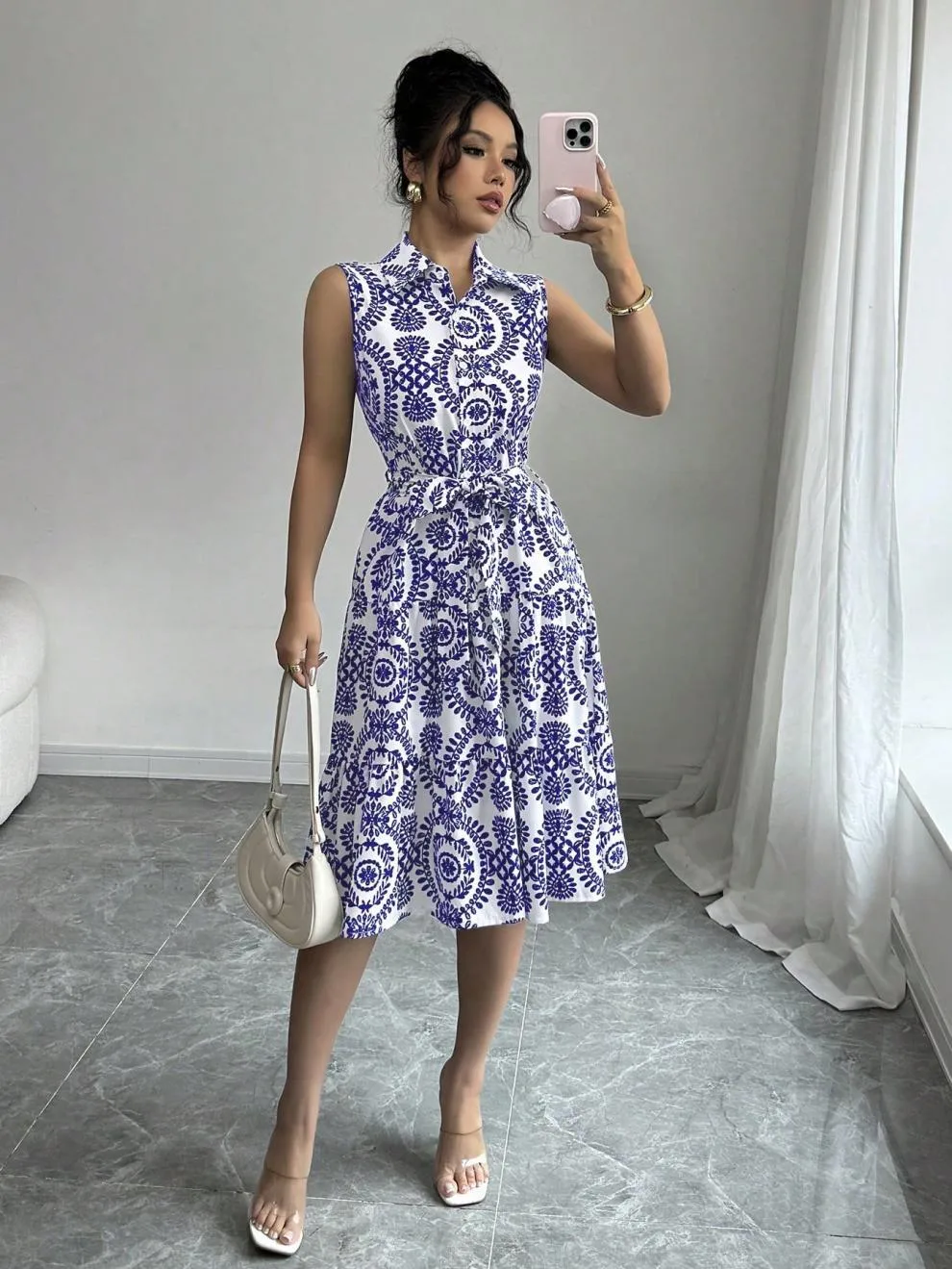 Wholesale Women's Elegant Streetwear Printing Casual Holiday Daily Turndown Sleeveless Sheath Dress display picture 15