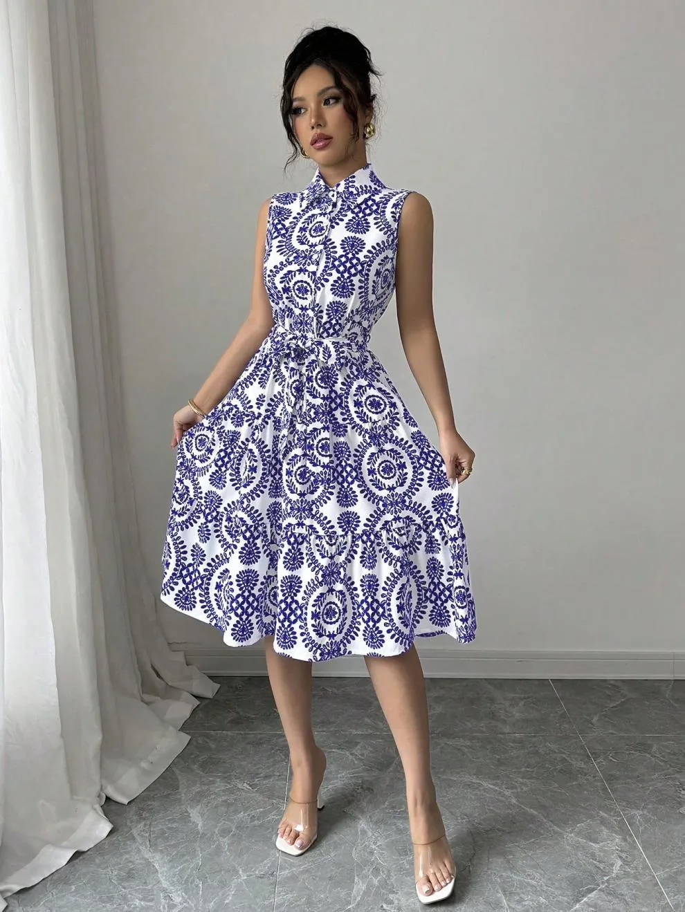 Wholesale Women's Elegant Streetwear Printing Casual Holiday Daily Turndown Sleeveless Sheath Dress display picture 16