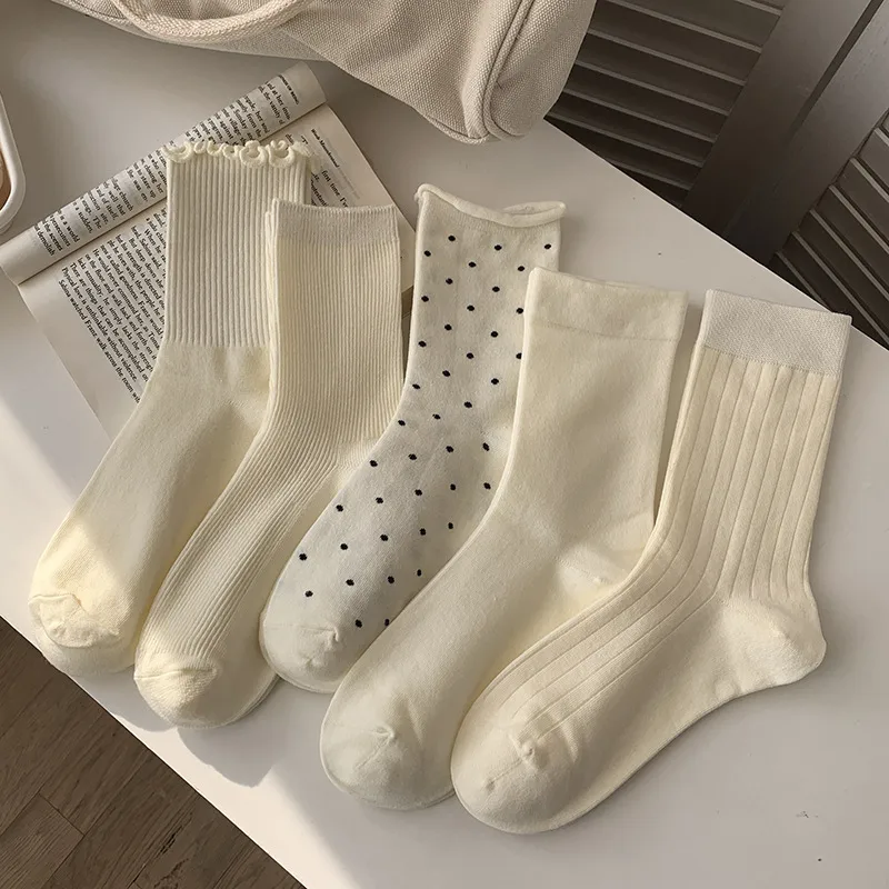 Milk White Mid-length Stockings Spring And Summer All-match Solid Color Stacking Stockings Autumn Stockings Wave Dot Ear Edge Moon Socks Foreign Trade display picture 1