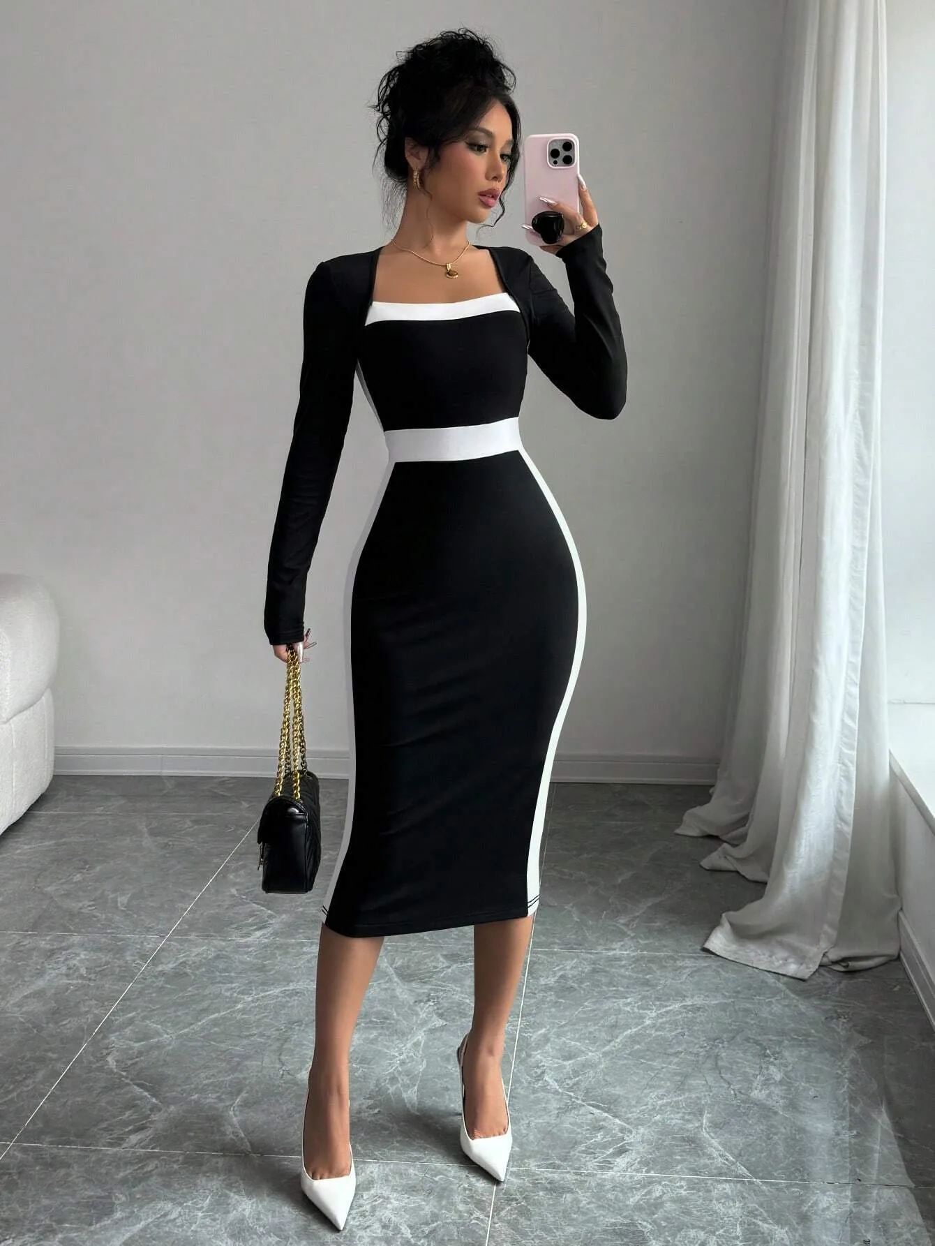 New    Women's Clothing Stitching Contrast Color Long Skirt Sexy Hip Long Sleeve Dress display picture 3