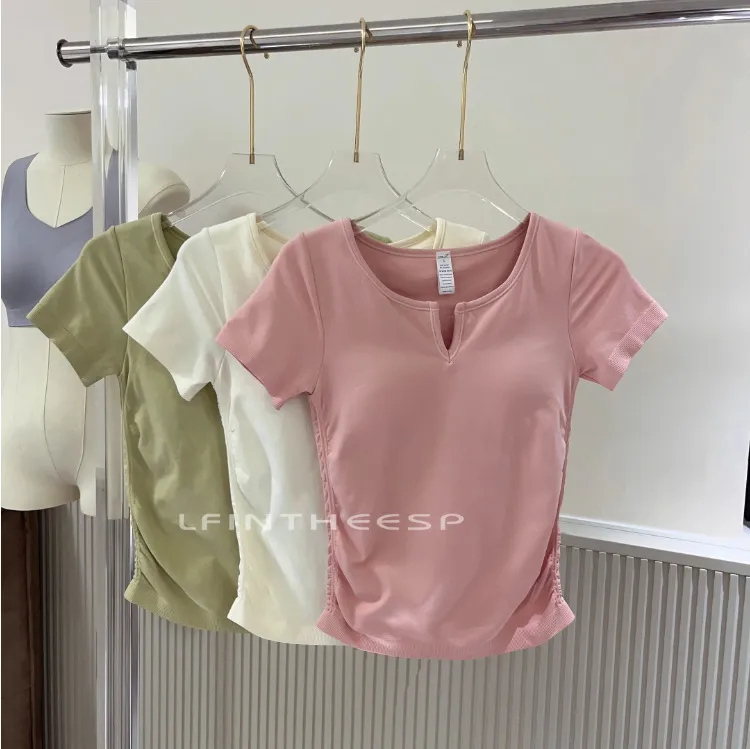 Ice Cream Pleated Bubble Slim Seamless V-neck Short Sleeve Sports Fixed Coaster Yoga Clothes Fitness Top Women display picture 3