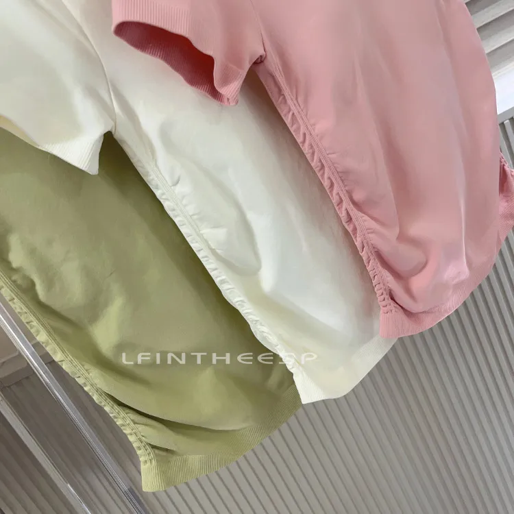 Ice Cream Pleated Bubble Slim Seamless V-neck Short Sleeve Sports Fixed Coaster Yoga Clothes Fitness Top Women display picture 7