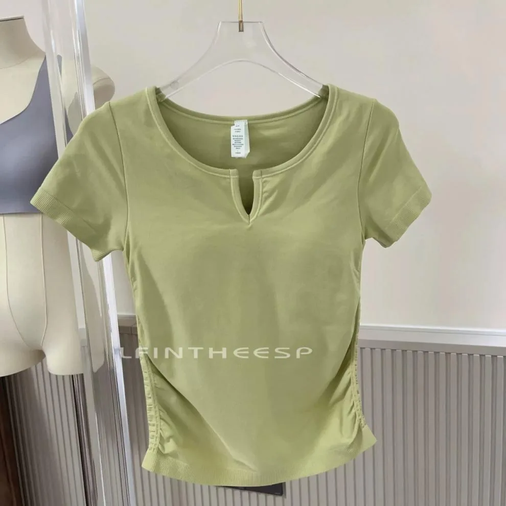Ice Cream Pleated Bubble Slim Seamless V-neck Short Sleeve Sports Fixed Coaster Yoga Clothes Fitness Top Women display picture 8