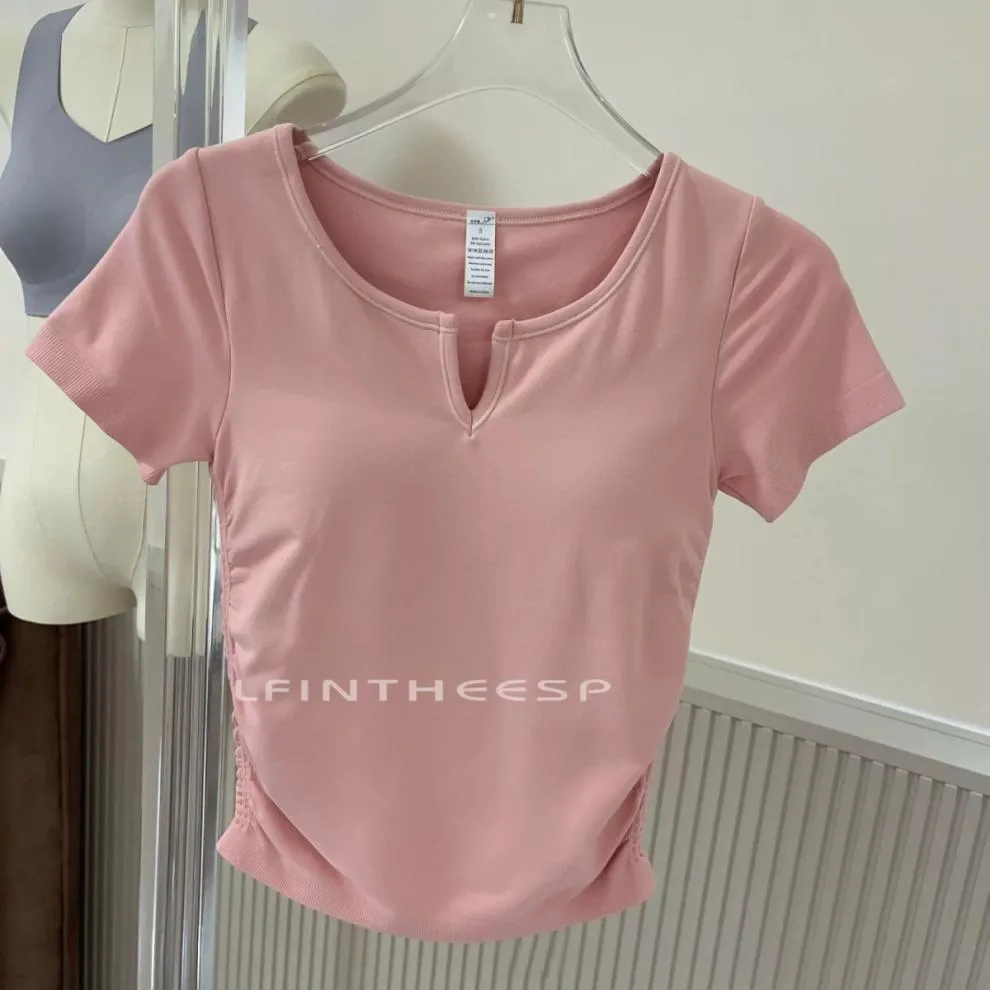 Ice Cream Pleated Bubble Slim Seamless V-neck Short Sleeve Sports Fixed Coaster Yoga Clothes Fitness Top Women display picture 10