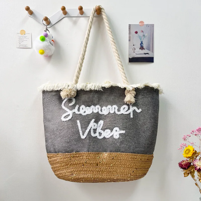New Tassel Striped Shoulder Bag For Women, Large Capacity, Versatile And Fashionable Straw Beach Bag, Embroidered Letter Tote Bag display picture 4