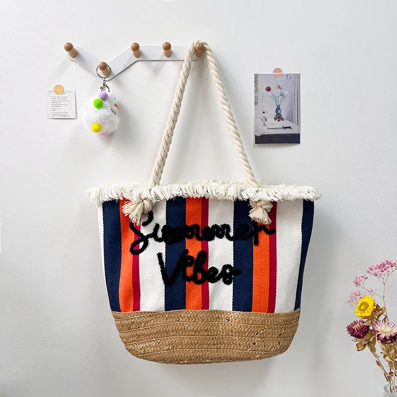 New Tassel Striped Shoulder Bag For Women, Large Capacity, Versatile And Fashionable Straw Beach Bag, Embroidered Letter Tote Bag display picture 1